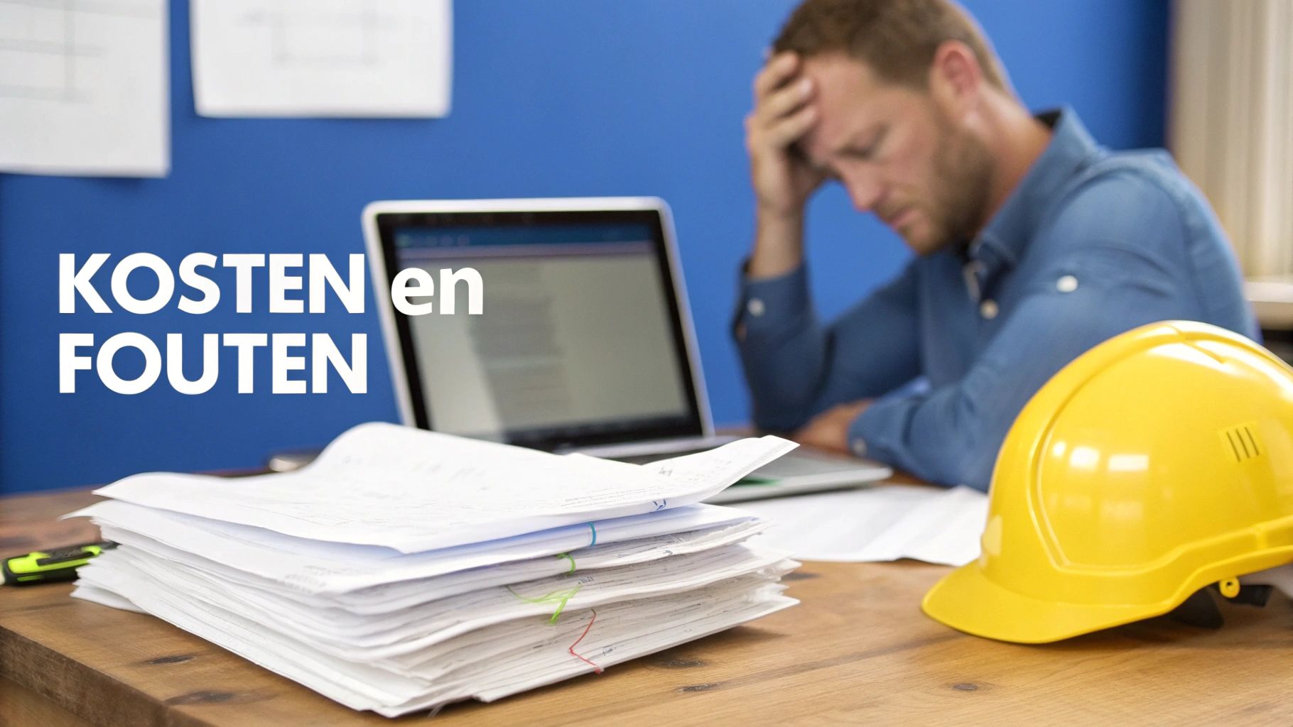 Gestresste man met laptop en stapel papieren, gele bouwhelm op bureau, met tekst 'Kosten en Fouten'.