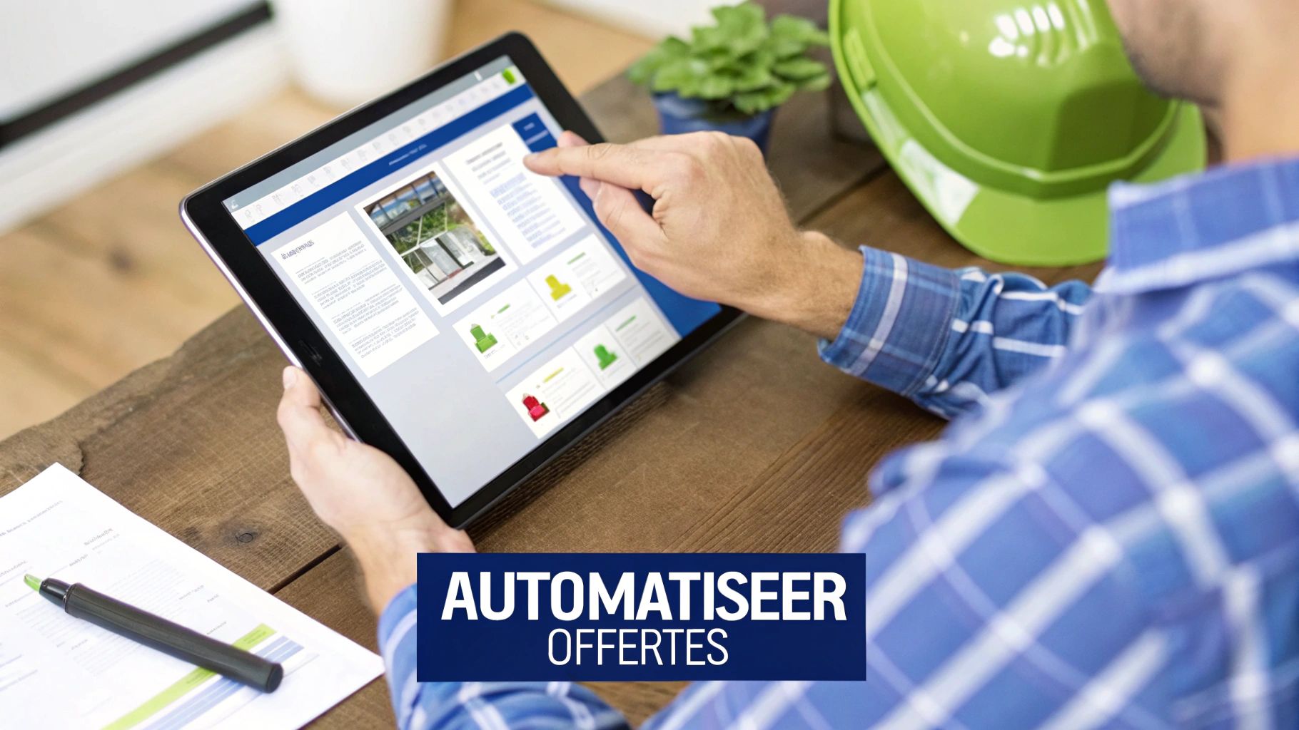 Man raakt tabletscherm aan om offertes digitaal te beheren, met bouwhelm en papieren op tafel.