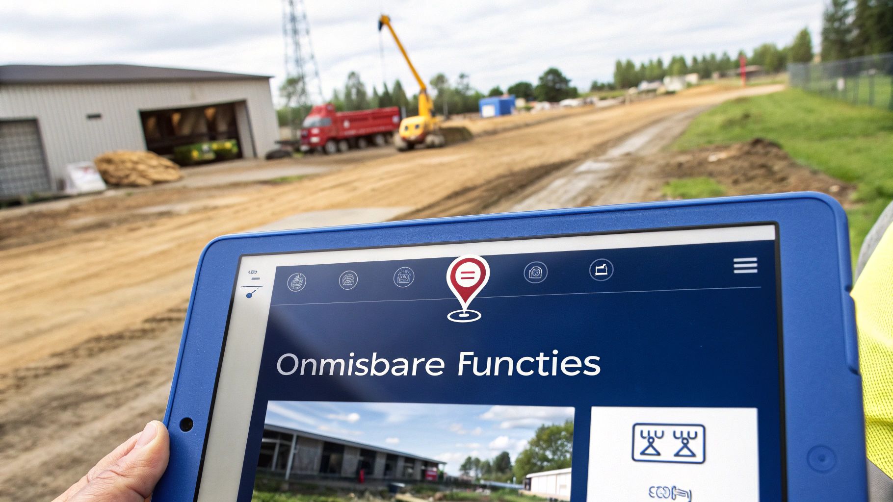 Persoon houdt tablet met 'Onmisbare Functies' app op een bouwplaats. Digitaal beheer van bouwprojecten.
