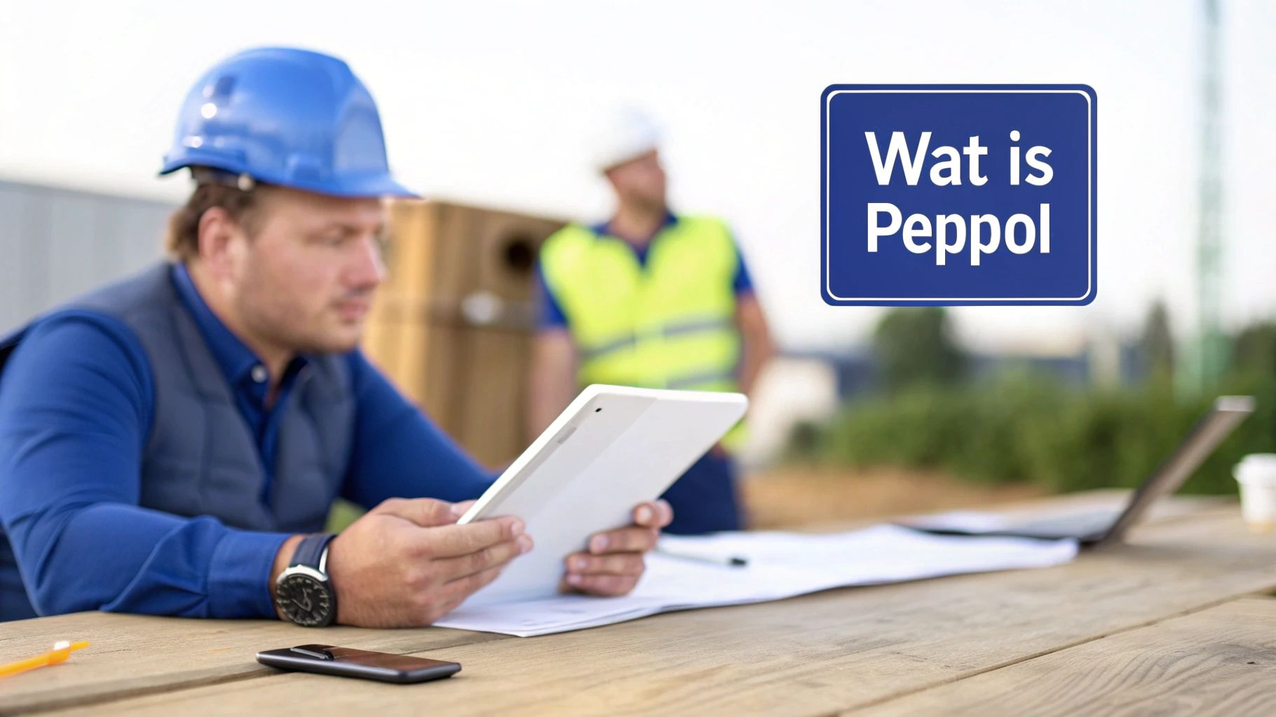 Bouwvakker met blauwe helm kijkt op een tablet aan een houten tafel, met 'Wat is Peppol' sign.