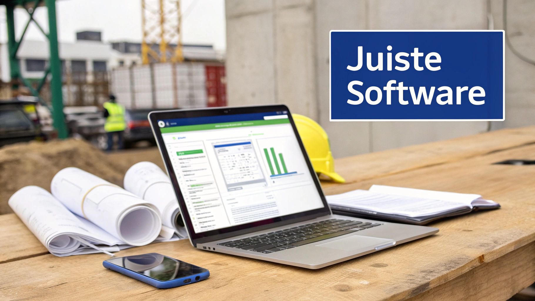 Een laptop met projectsoftware, bouwplannen, smartphone en een veiligheidshelm op een houten tafel, met de tekst 'Juiste Software'.