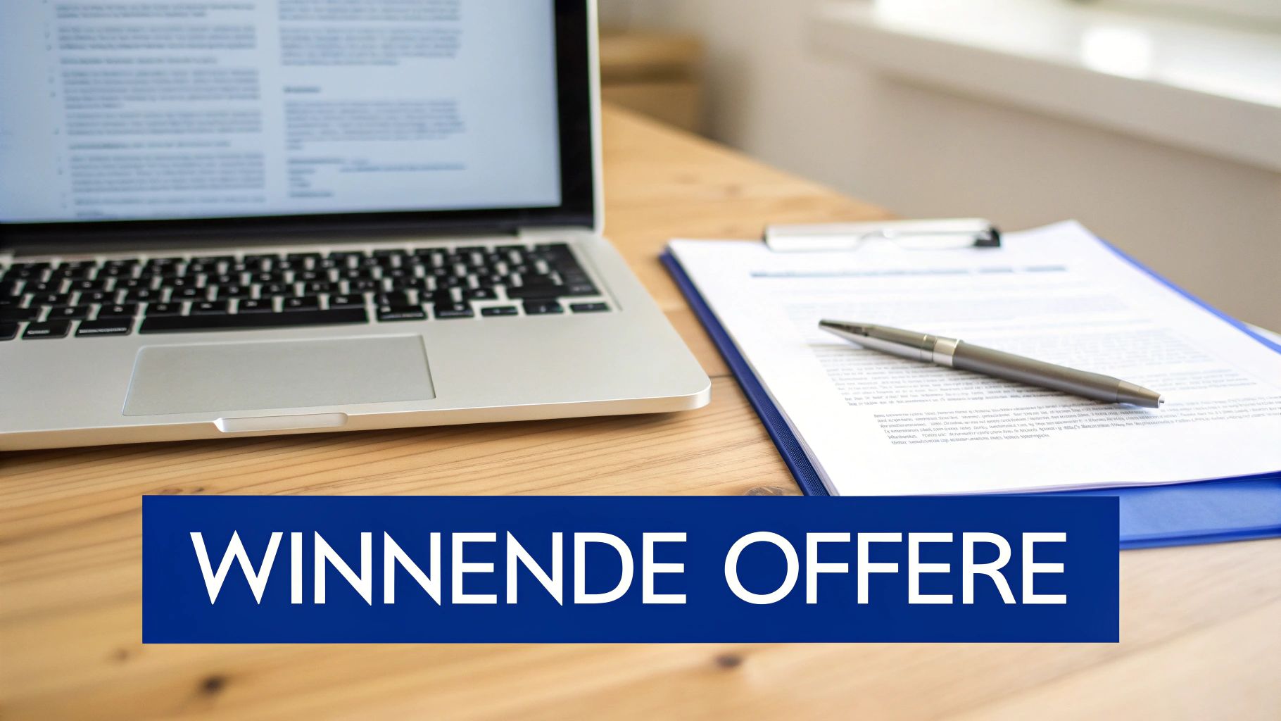 Winnende offerte met laptop, klembord en pen op houten bureau voor budgetbeheer