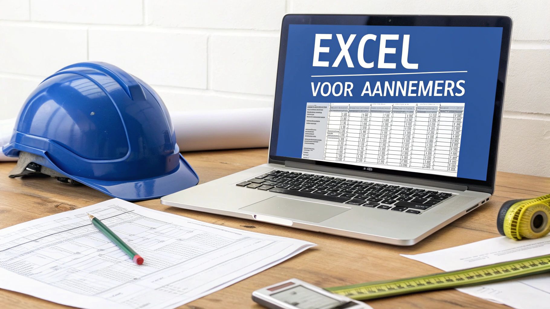 Een aannemer die op een laptop werkt op een bouwplaats, illustreert het gebruik van Excel voor facturatie.