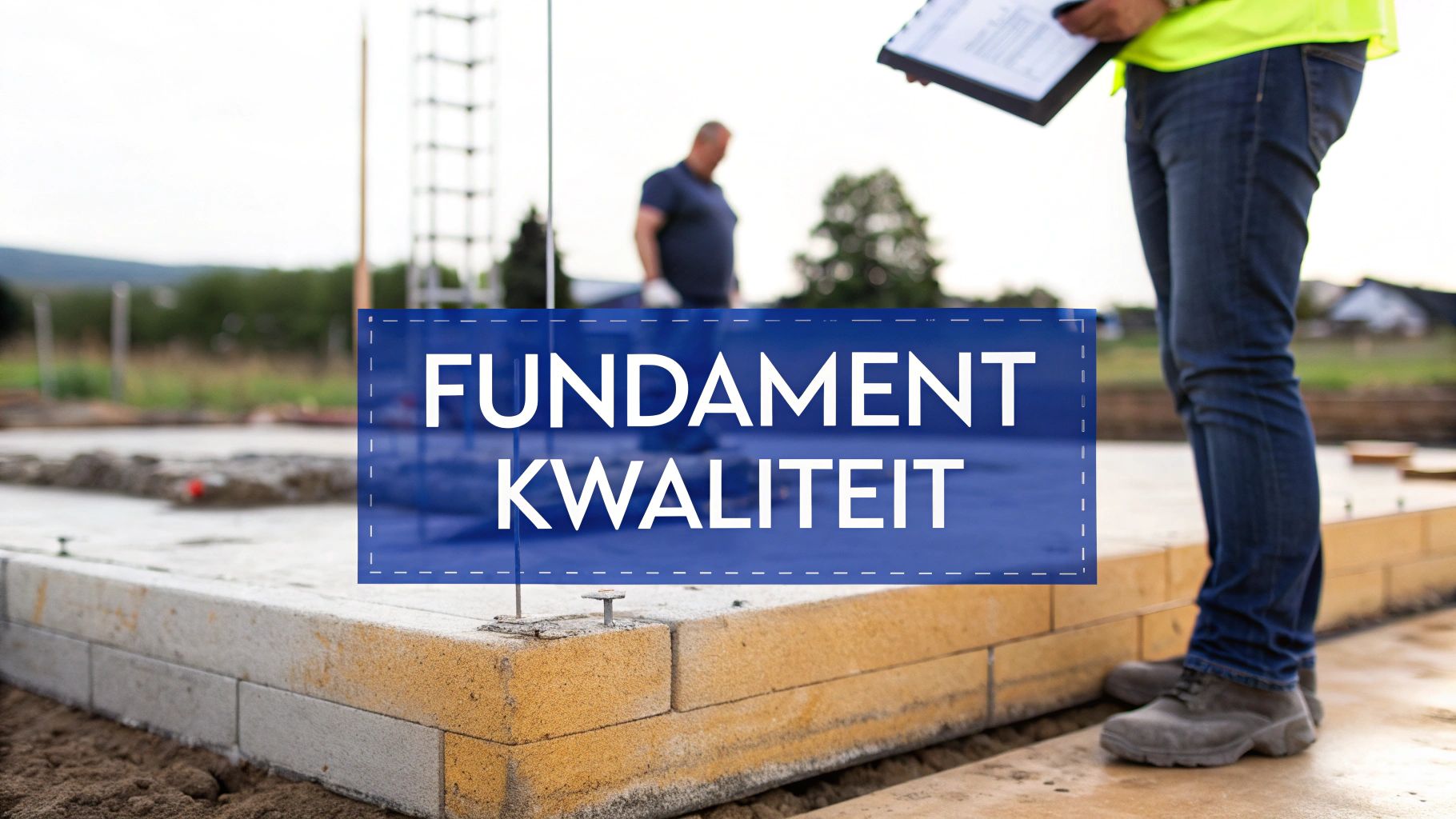Bouwplaats met fundering in aanbouw, een inspecteur met klembord en de tekst 'FUNDAMENT KWALITEIT'.