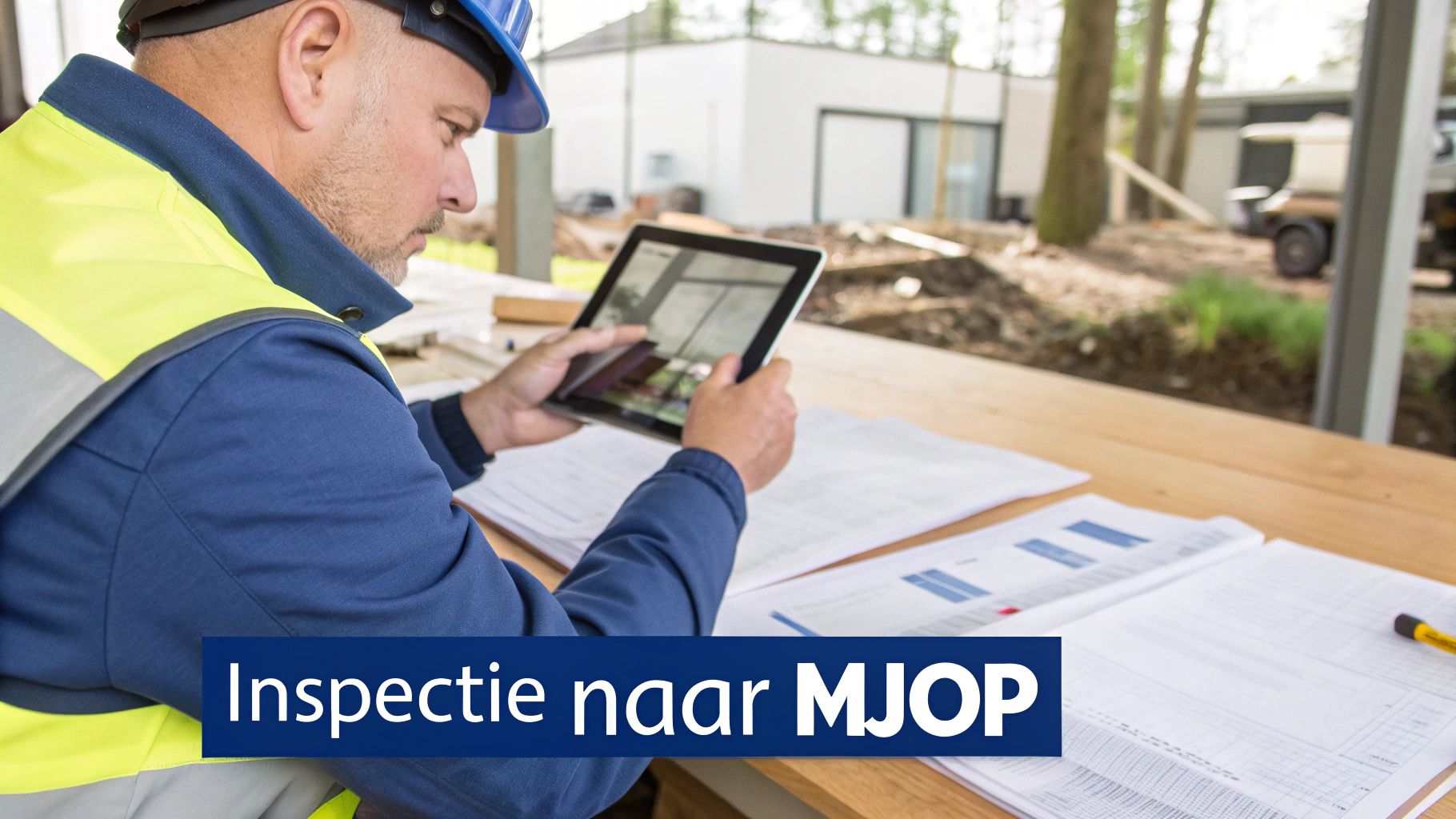 Inspecteur gebruikt tablet voor NEN 2767 inspectie op bouwplaats