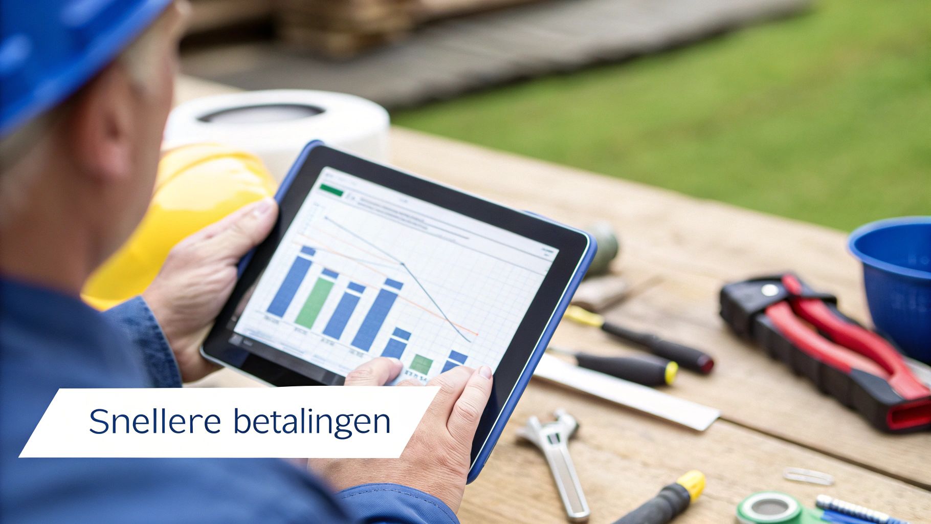 Een bouwvakker in blauwe kleding en een helm bekijkt grafieken op een tablet over snellere betalingen. Gereedschap ligt op de houten tafel.