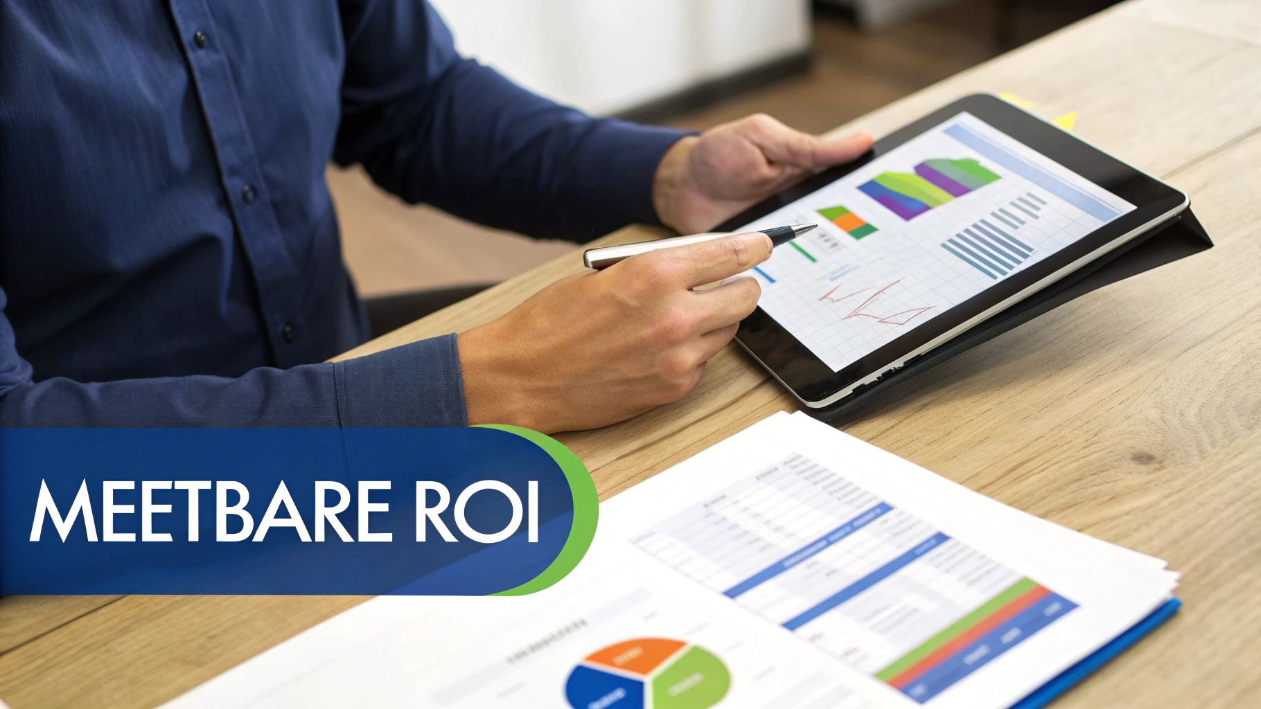Een persoon analyseert financiële gegevens en grafieken op een tablet en papieren, gericht op meetbare ROI.