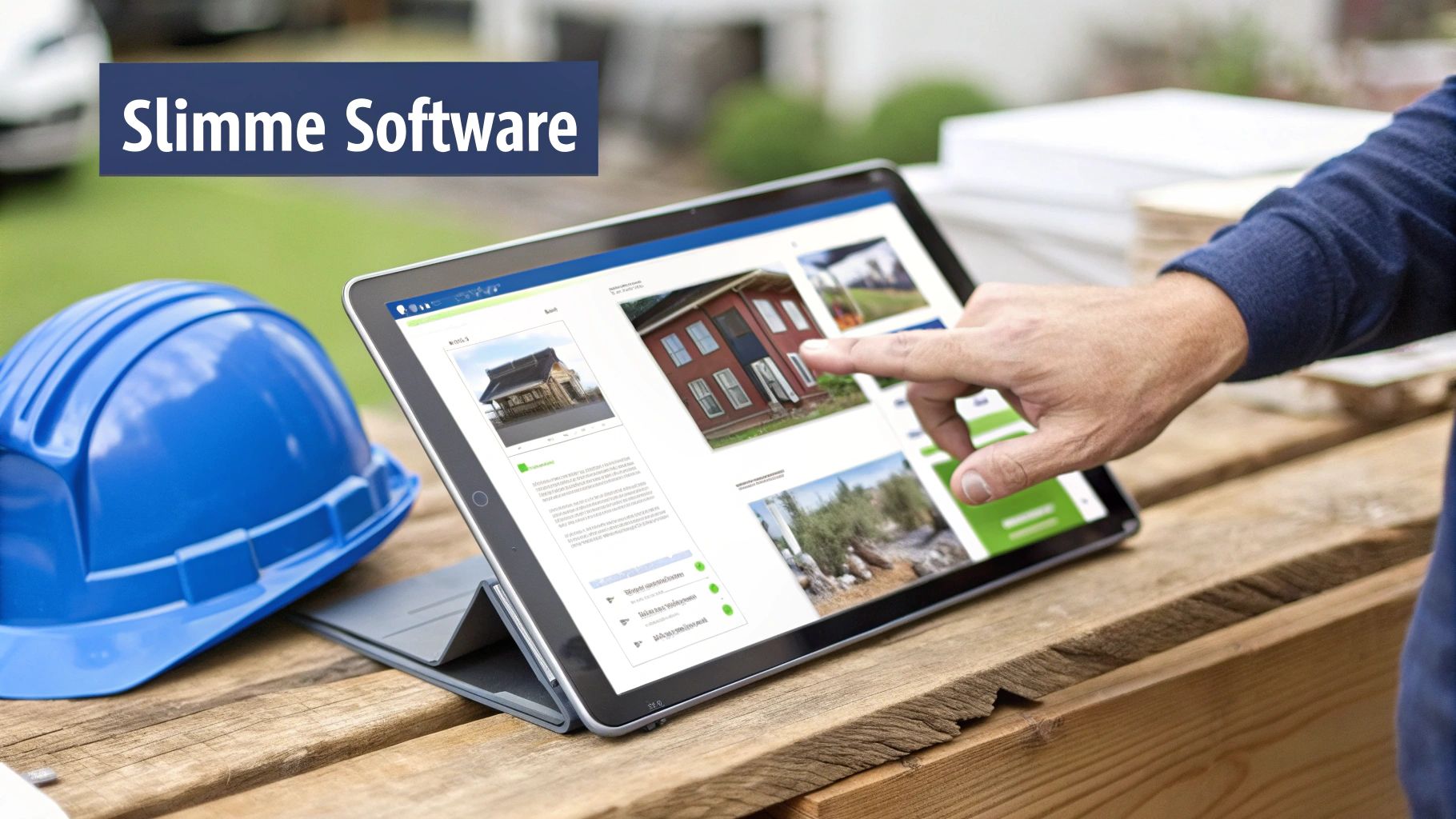 Hand van een man die een tablet met bouwgerelateerde software bedient, naast een blauwe veiligheidshelm op een houten tafel.