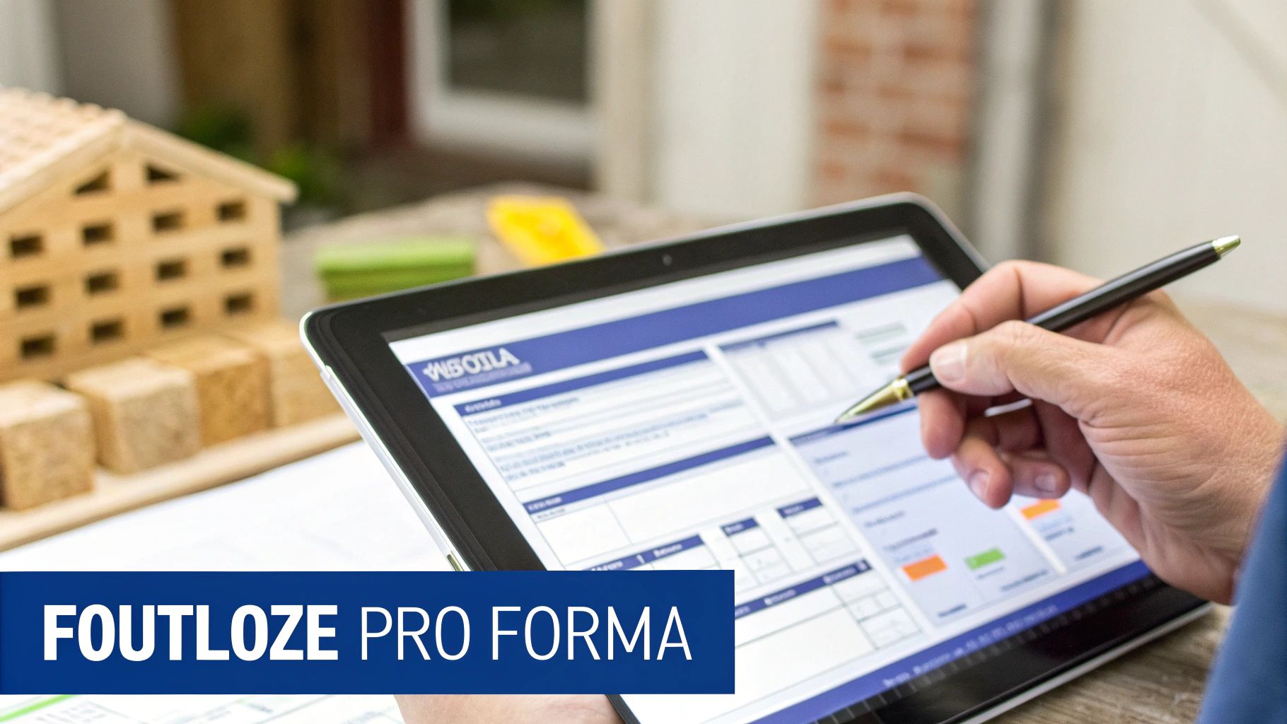 Een hand vult een digitale pro forma factuur in op een tablet, met een houten modelhuis op de achtergrond.