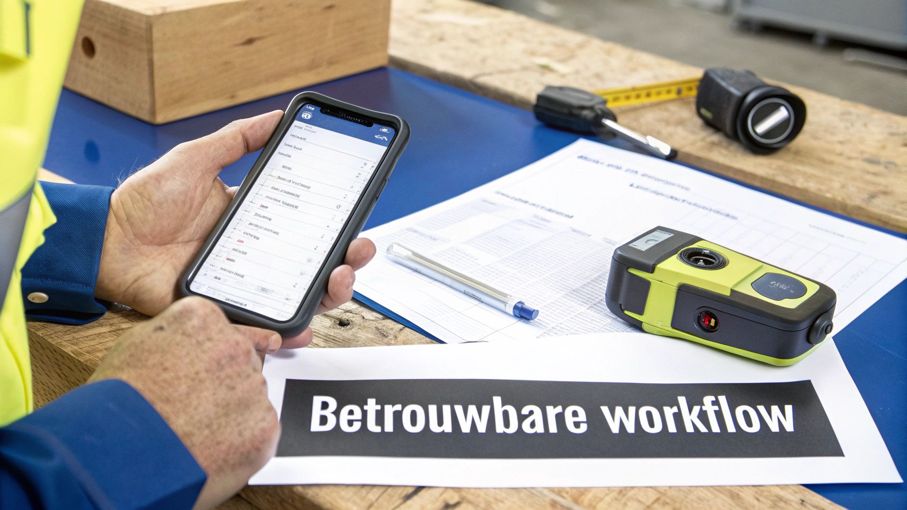 Een persoon in werkkleding gebruikt een smartphone-app voor taken, met meetinstrumenten en documenten op tafel.