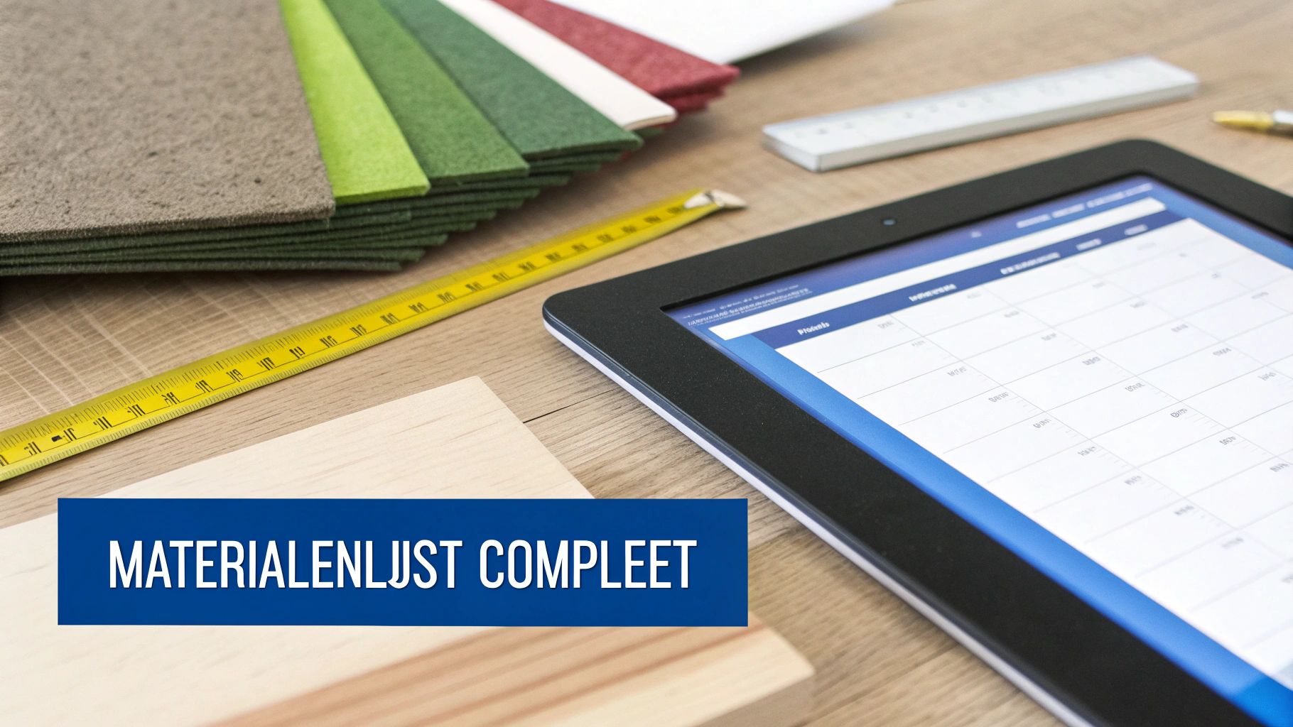 Een bureau met diverse materiaalstalen, een meetlint, liniaal en een tablet met een planning of begroting. Er is ook een tekstoverlay: 'Materialenlijst Compleet'.