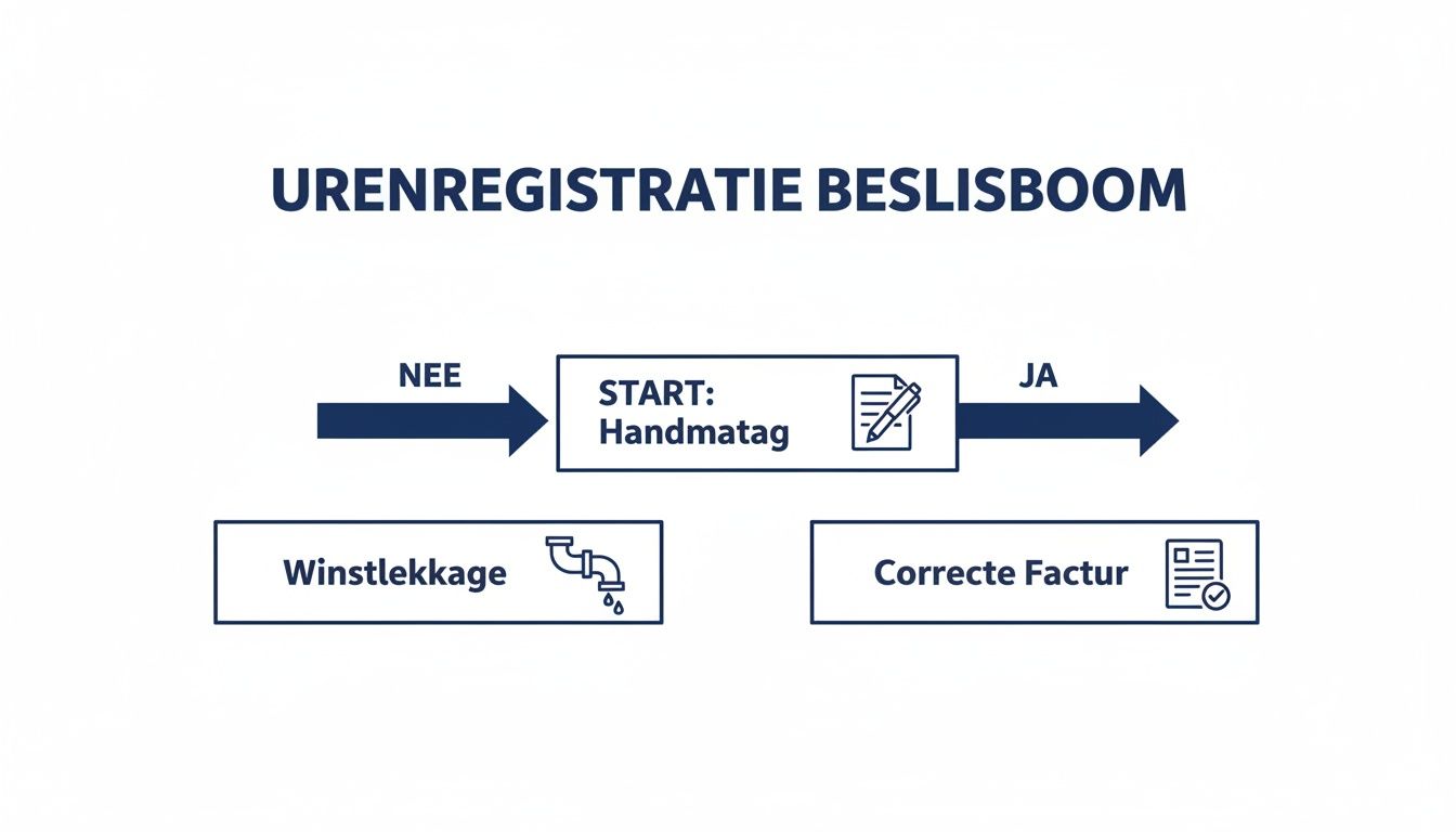Stroomdiagram van de urenregistratie beslisboom, beginnend met handmatige invoer, leidend tot winstlekkage of een correcte factuur.