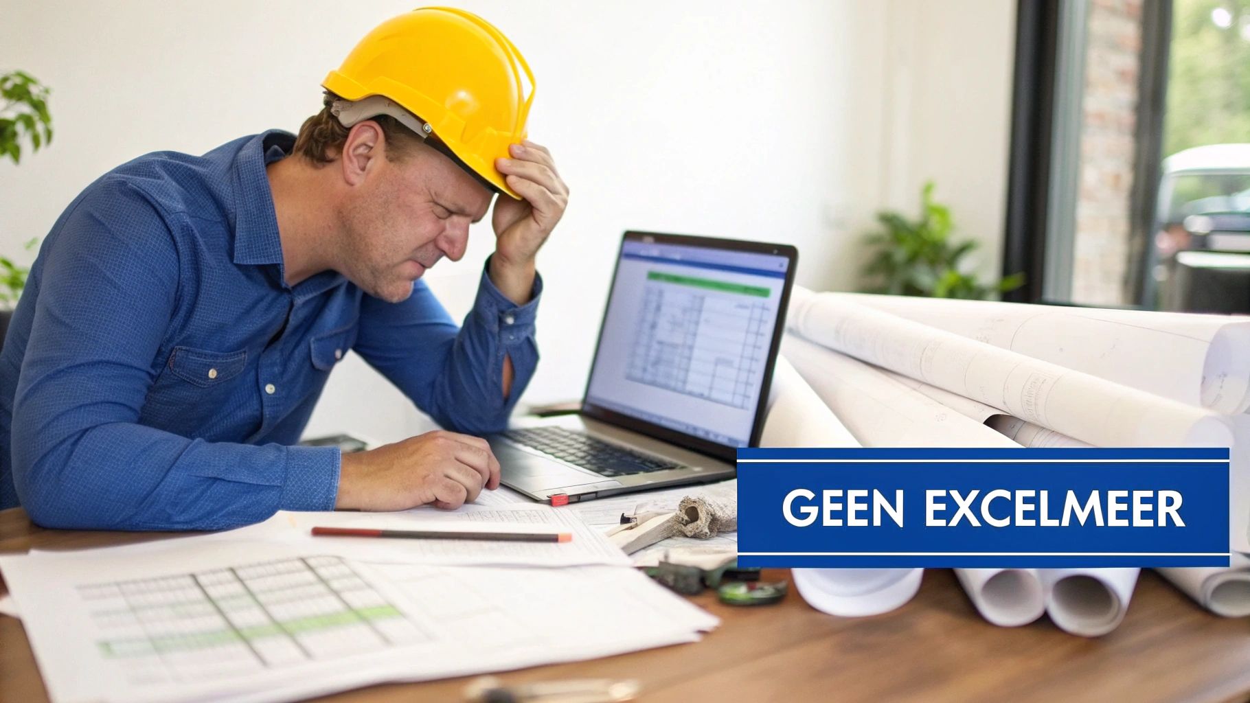 Een gestreste bouwvakker met veiligheidshelm zit gefrustreerd achter zijn laptop met bouwtekeningen op tafel.