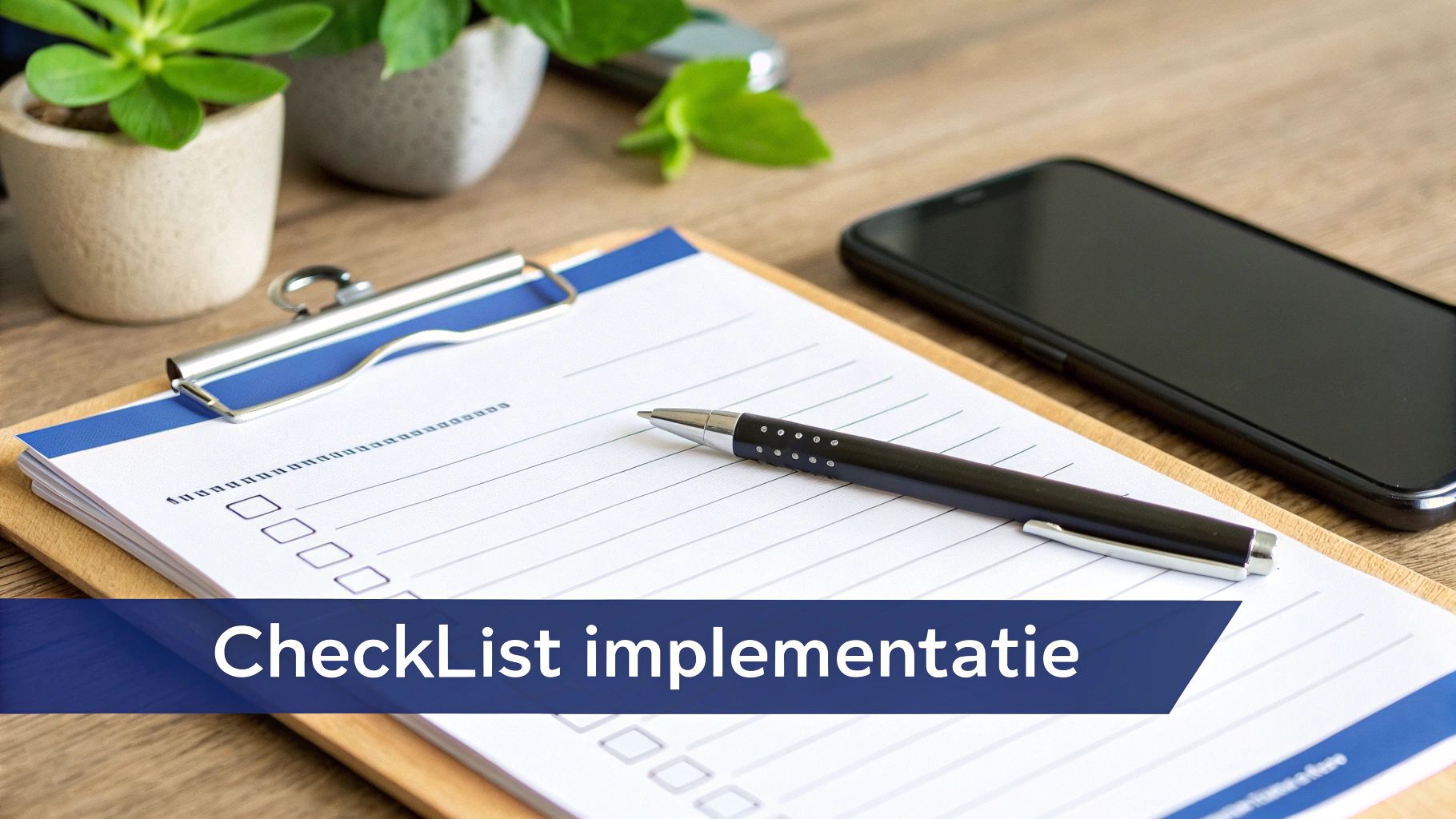 Klembord met een checklist, pen, telefoon en planten op een houten bureau. Tekst: 'CheckList implementatie'.
