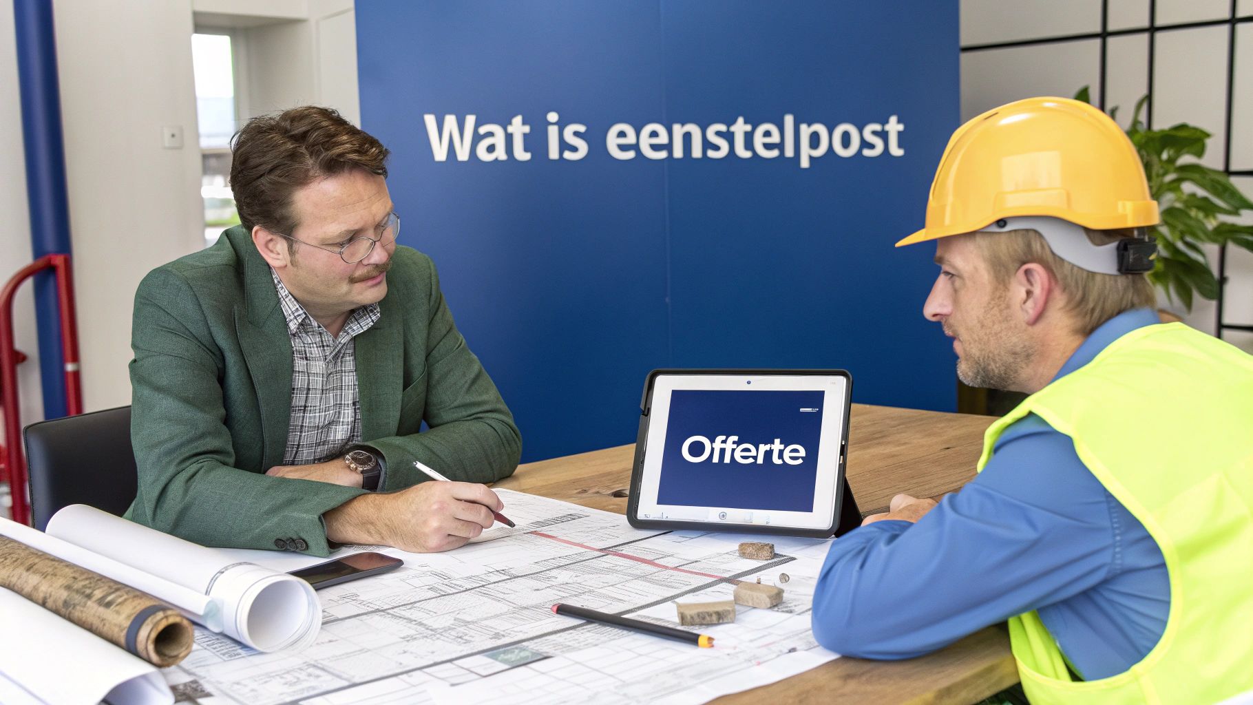 Twee mannen bespreken bouwplannen aan een tafel, met een tablet waarop 'Offerte' wordt weergegeven.