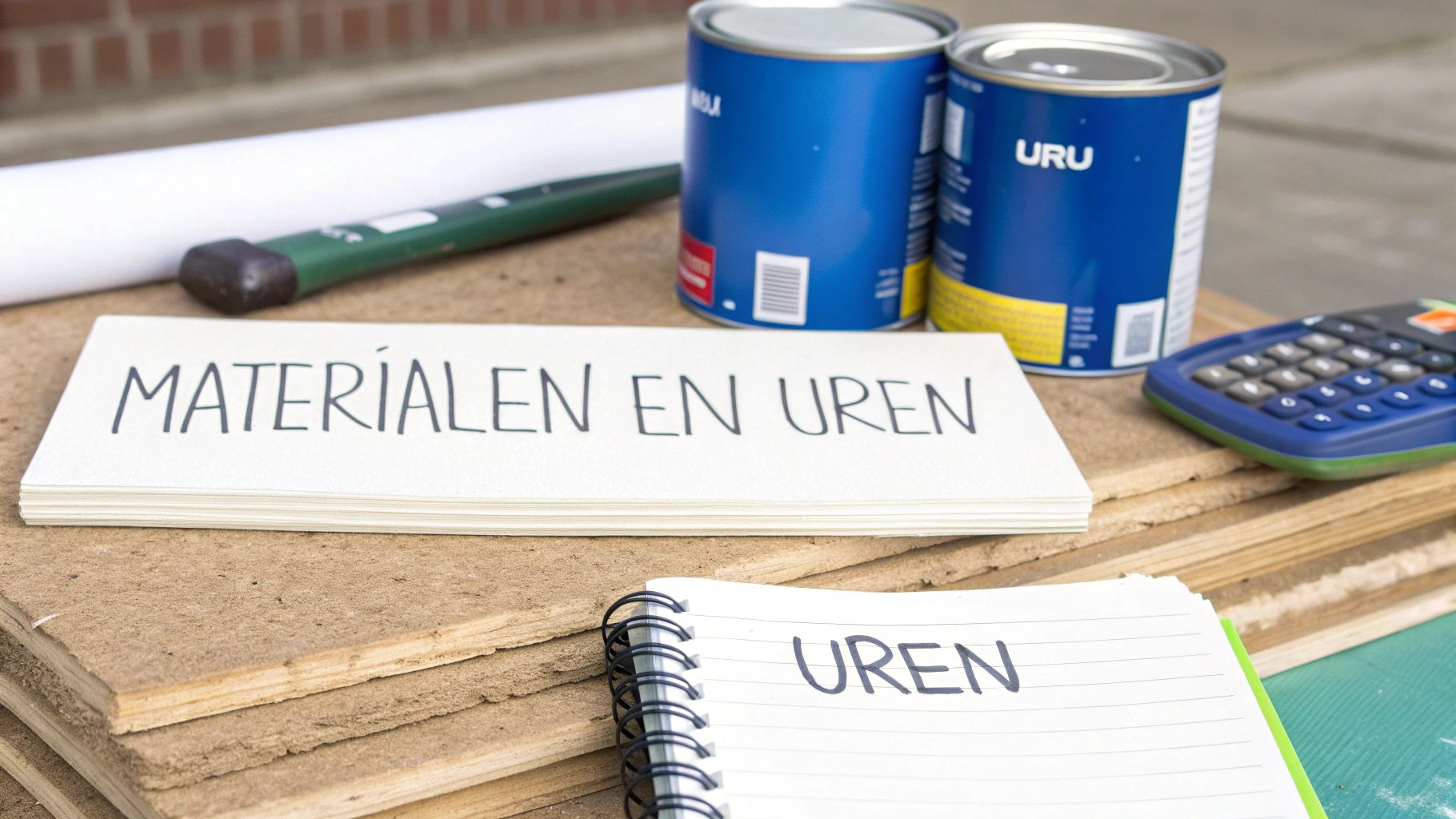 Bouwmaterialen en verfblikken op werktafel met notitie materialen en uren voor budgetplanning