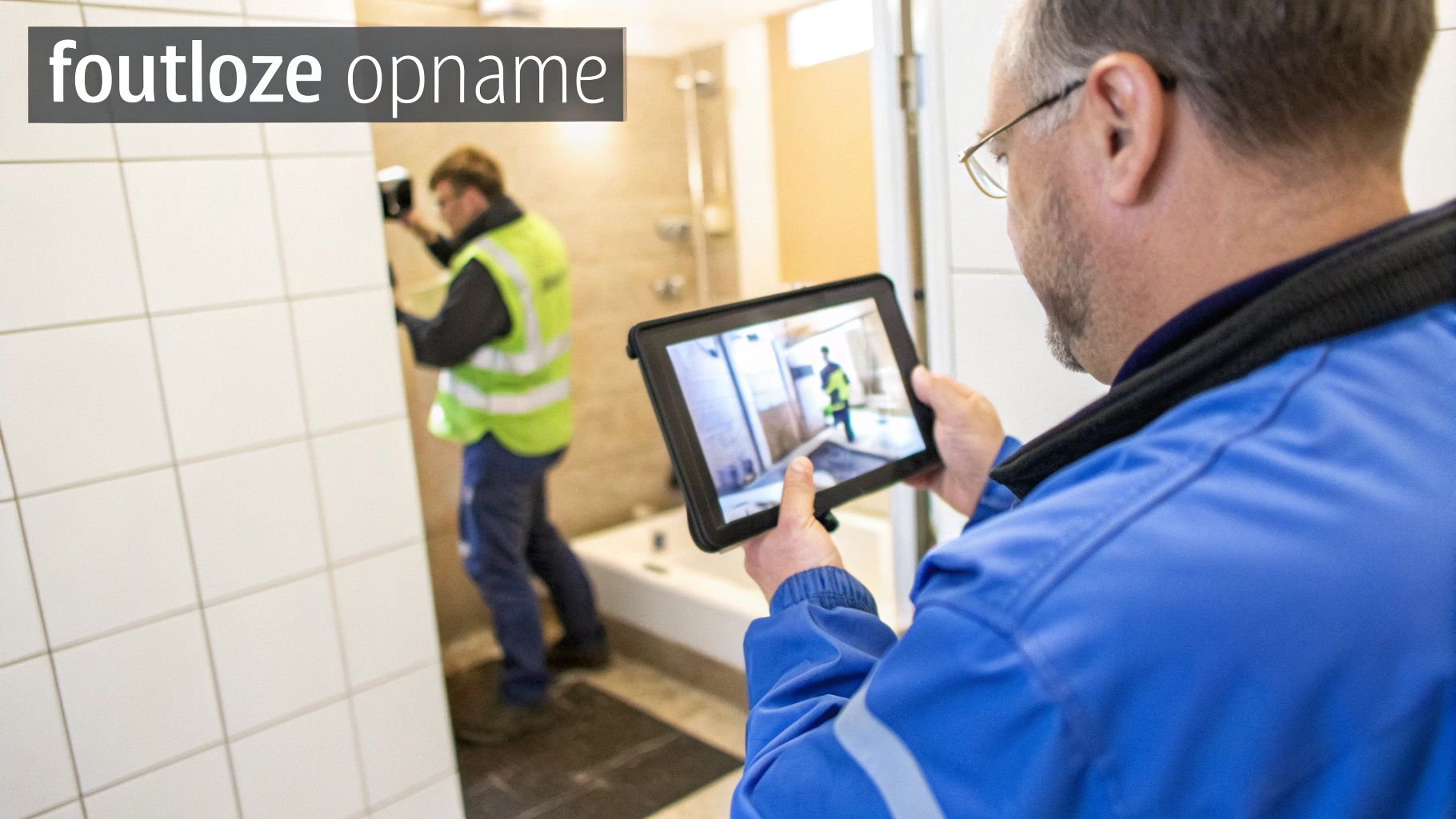 Een inspecteur gebruikt een tablet om een collega te observeren die metingen verricht in een betegelde ruimte, voor een foutloze opname.