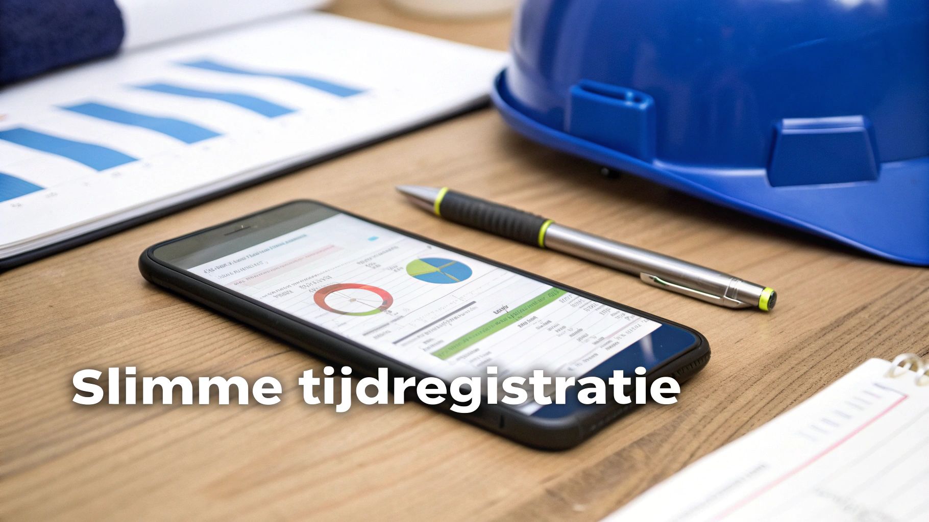 Smartphone met app voor slimme tijdregistratie op bureau met helm en documenten.