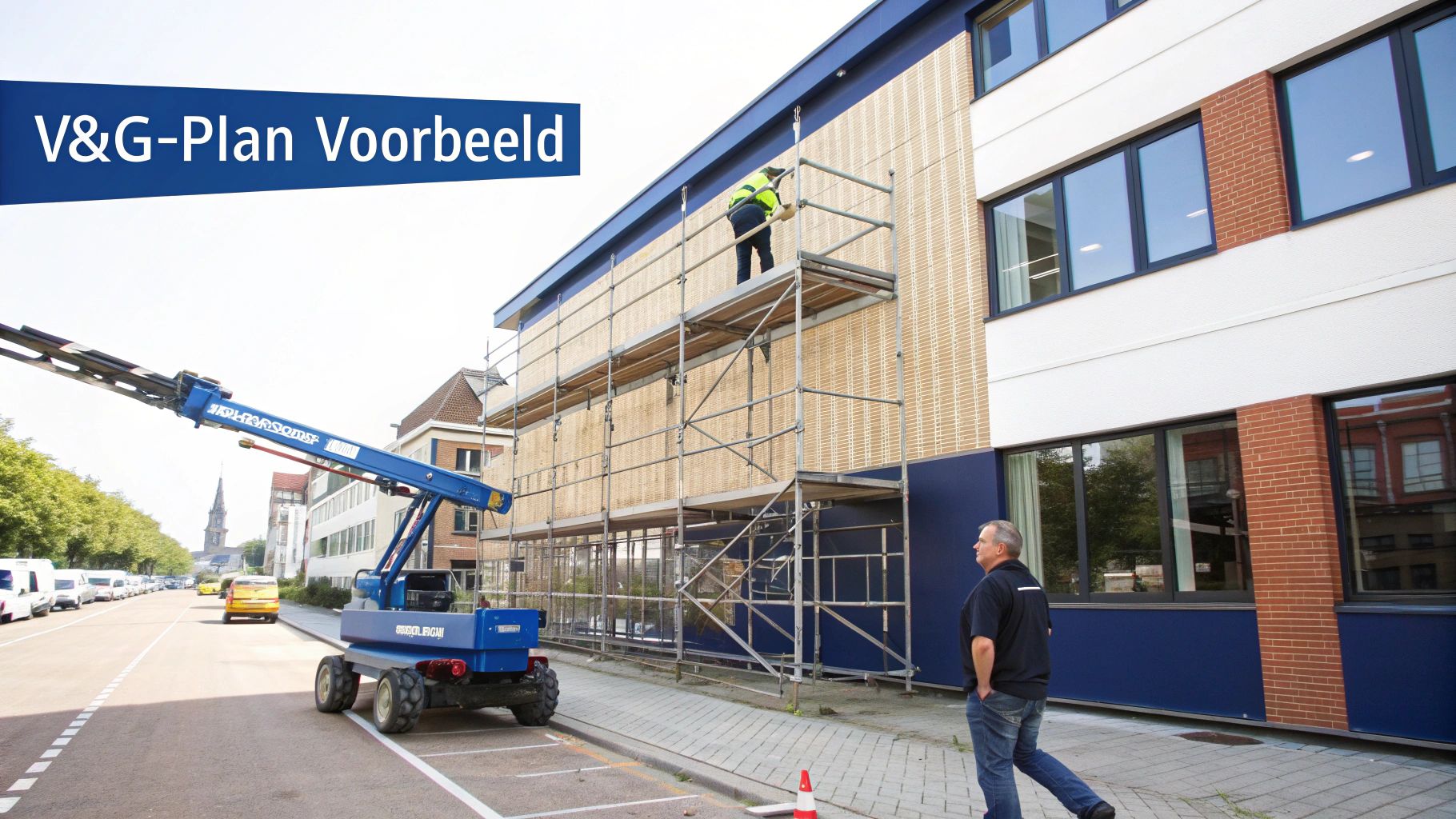 Een V&G-Plan Voorbeeld afbeelding van een bouwplaats met steigers, een arbeider en een hoogwerker.
