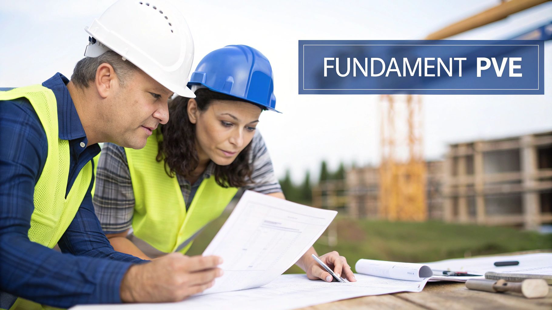 Een bouwplan wordt besproken aan een tafel vol met bouwtekeningen en documenten