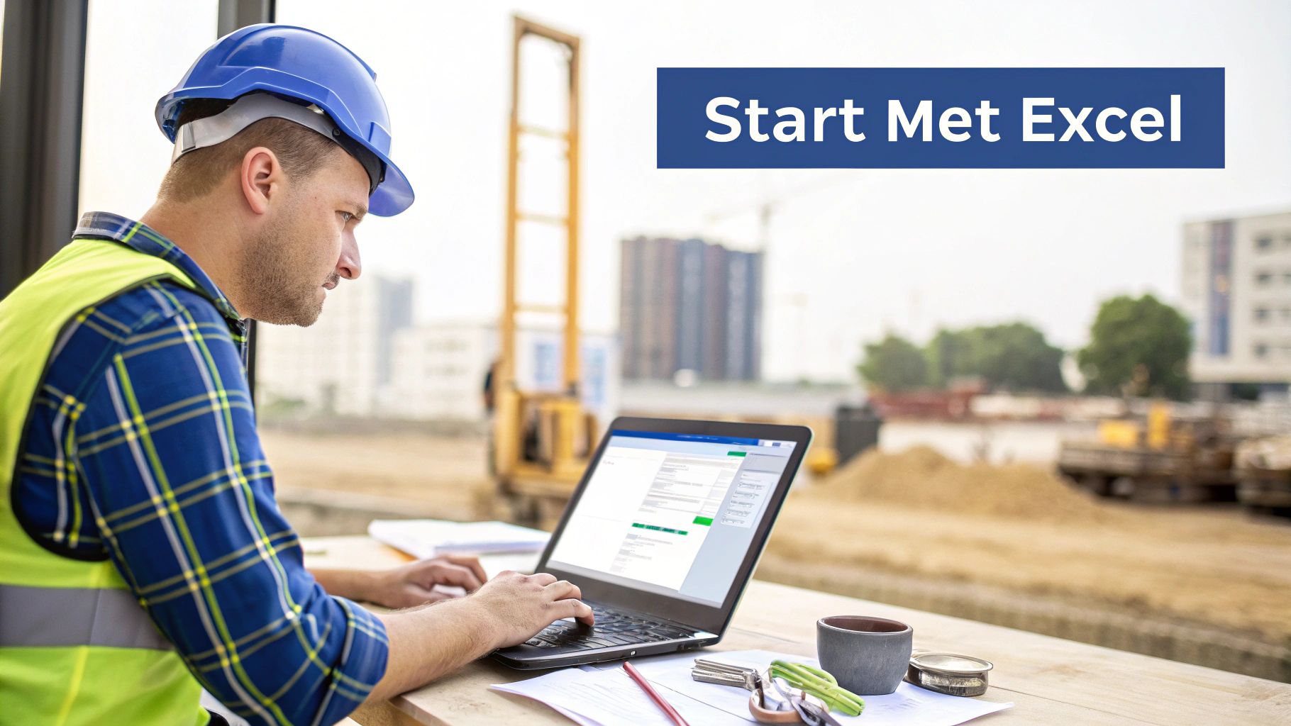 Bouwvakker met veiligheidshelm typt op laptop bij bouwplaats, tekst 'Start Met Excel' op de afbeelding.