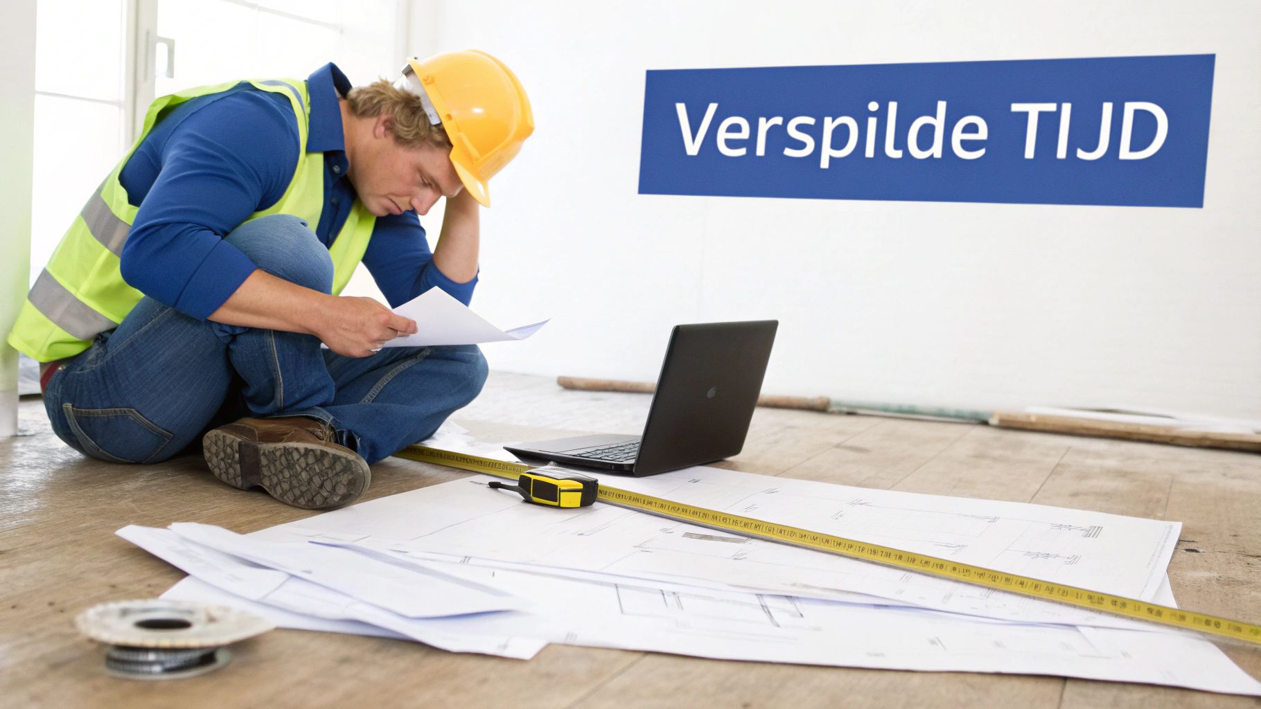 Gefrustreerde bouwvakker met helm zit tussen bouwtekeningen en laptop. De tekst 'Verspilde TIJD' hangt op de muur.
