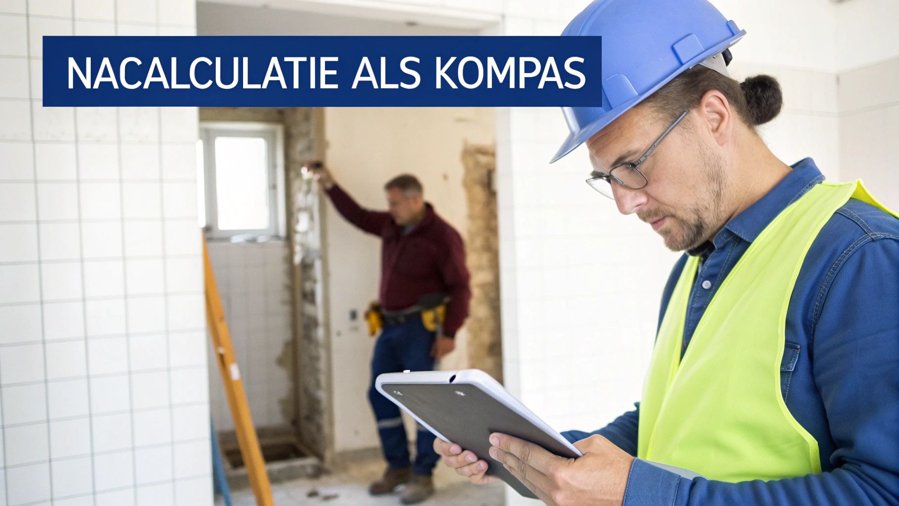 Twee bouwvakkers op een bouwplaats, één met helm en tablet, de ander meet. Banner: 'NACALCULATIE ALS KOMPAS'.