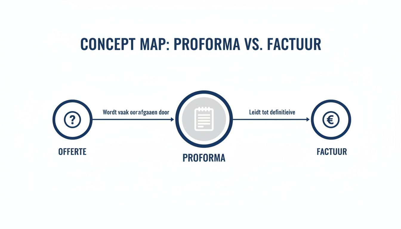 Conceptmap die het proces van offerte naar proforma naar definitieve factuur illustreert.