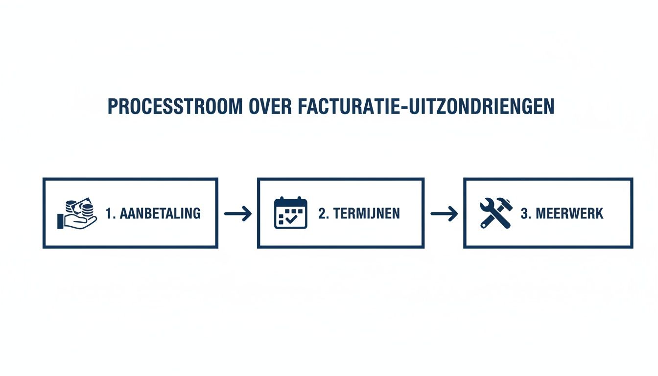 Diagram van de processtroom voor facturatie-uitzonderingen: aanbetaling, termijnen en meerwerk stappen.