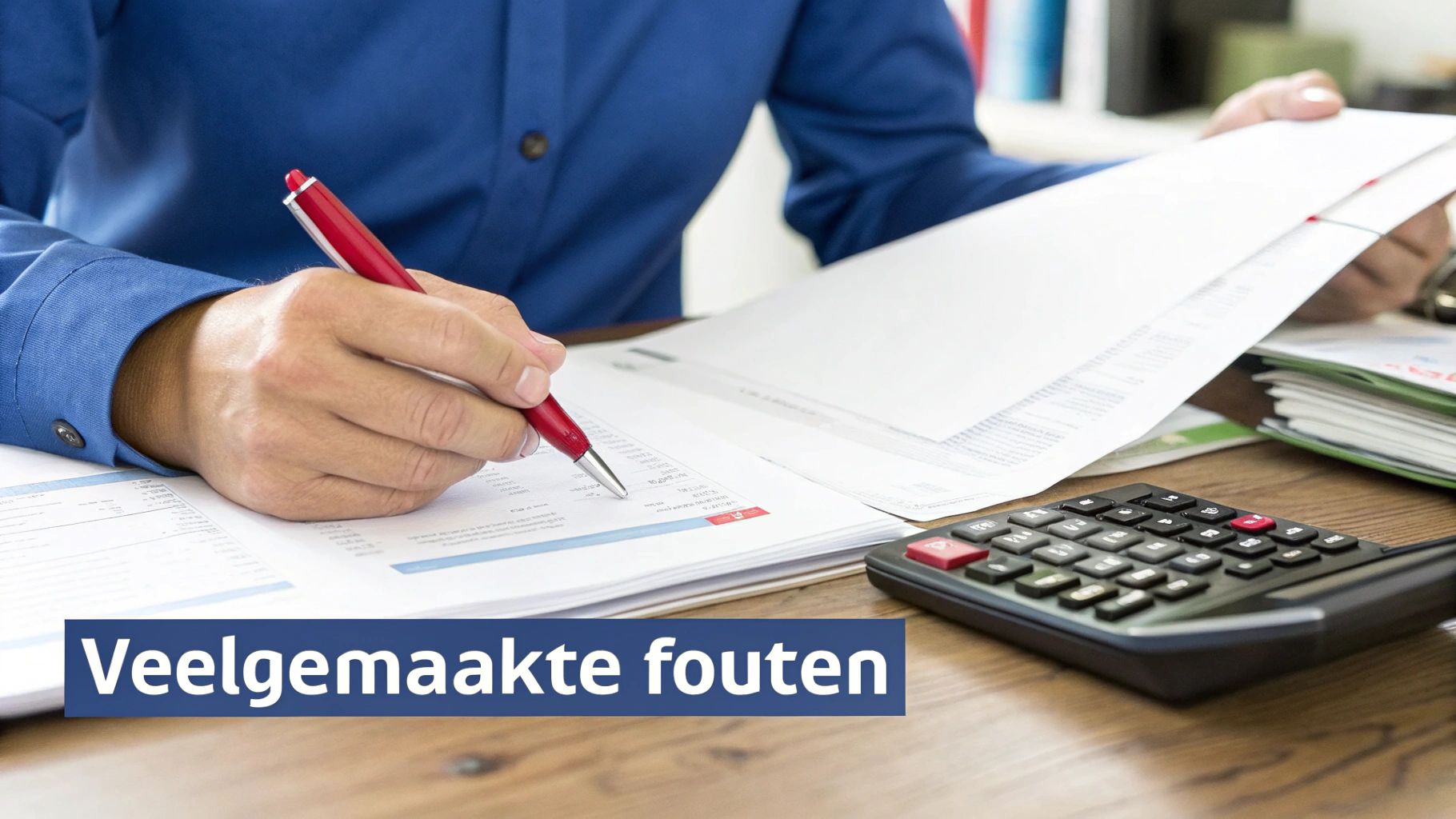 Een persoon controleert documenten met een pen en rekenmachine op een bureau, focust op details en mogelijke fouten.