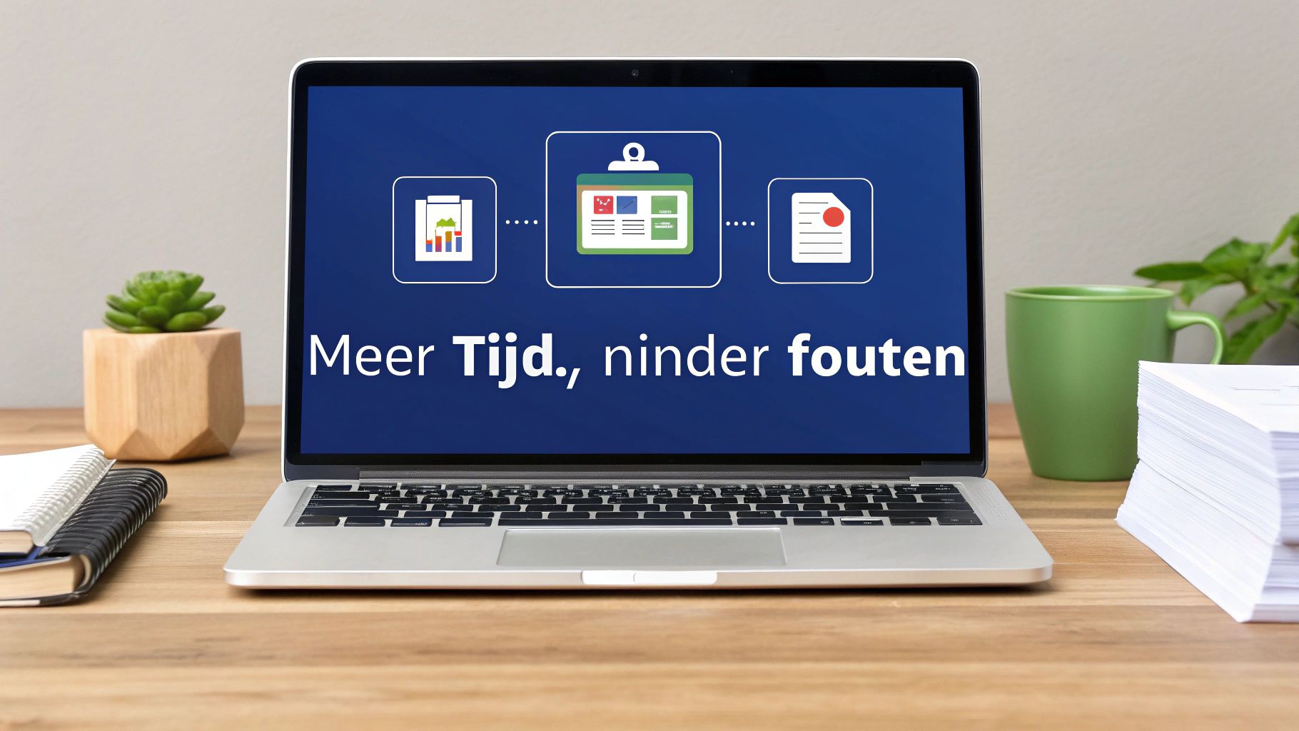 Laptop toont productiviteitssoftware met tekst Meer Tijd, minder fouten op blauw scherm op bureau