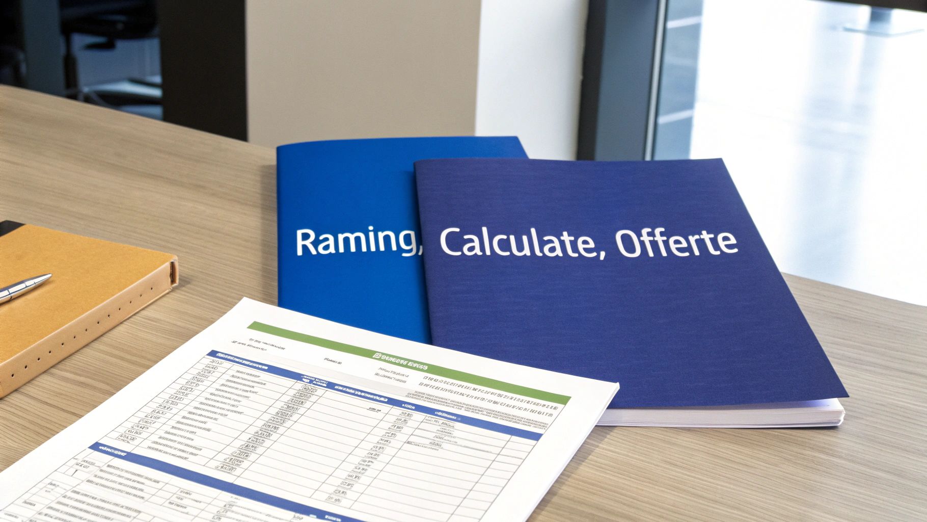 Een bureau met documenten, een notitieboekje en twee blauwe mappen met de tekst 'Raming, Calculate, Offerte'.