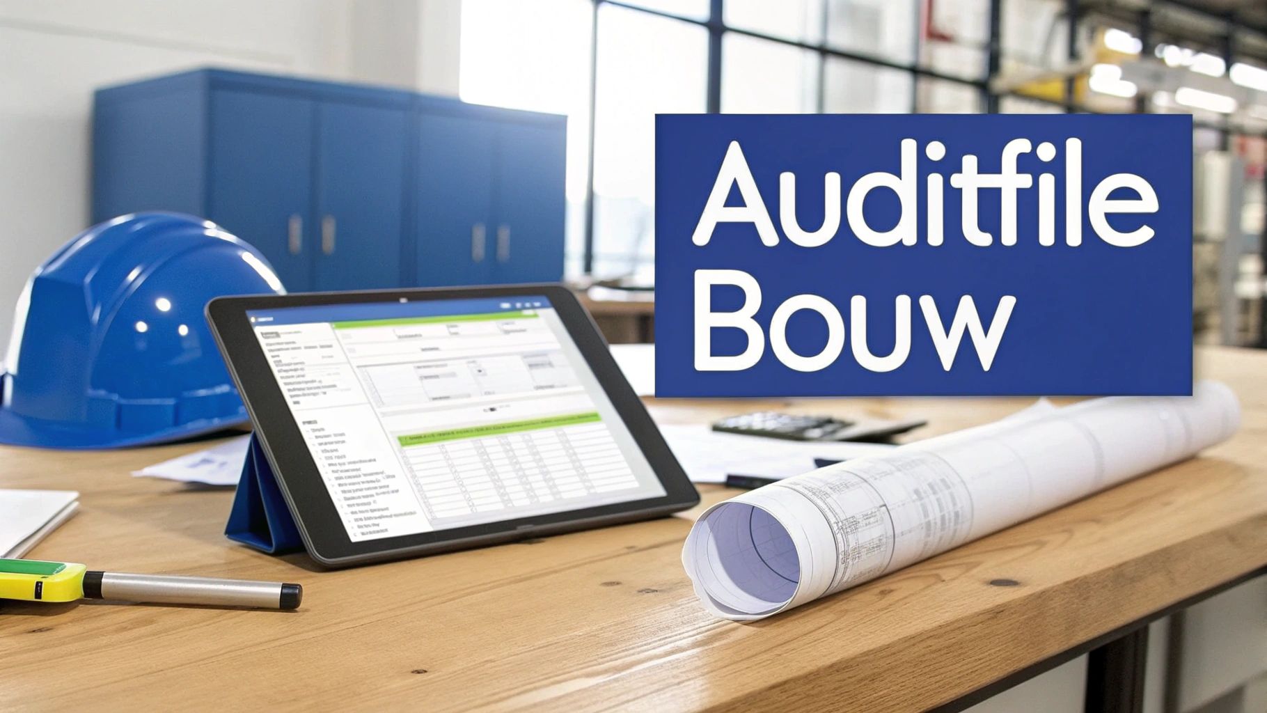 Een bouwinspecteur controleert documenten op een tablet op een bouwplaats.