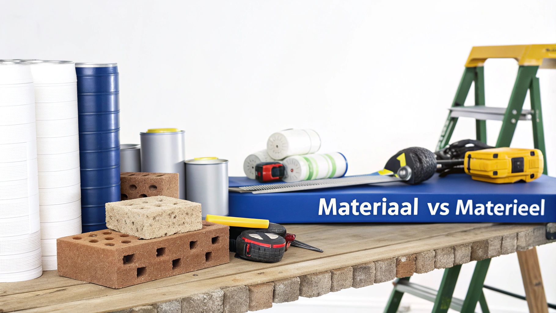 Bouwmaterialen en gereedschap, waaronder stenen, rollen en blikken, op een houten tafel met een blauw bord met de tekst 'Materiaal vs Materieel'.