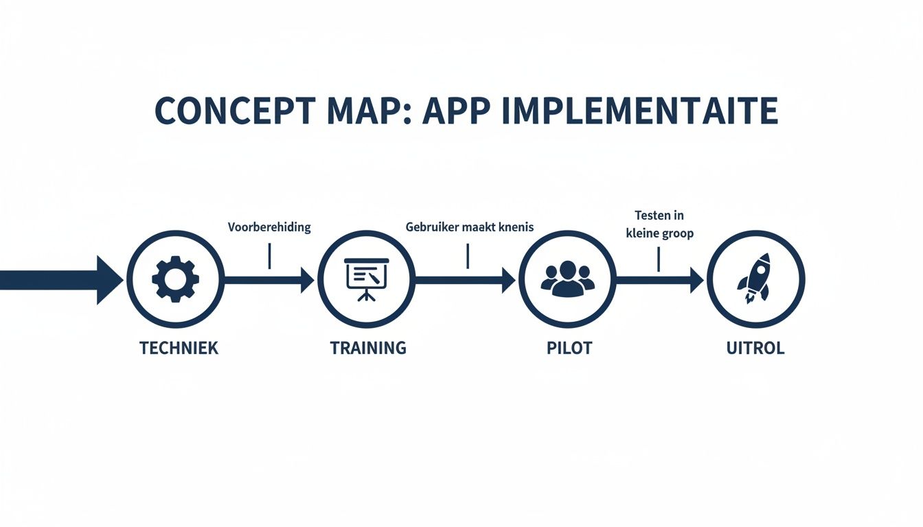Een conceptkaart die het gefaseerde implementatieproces van een app toont, van techniek tot uitrol.