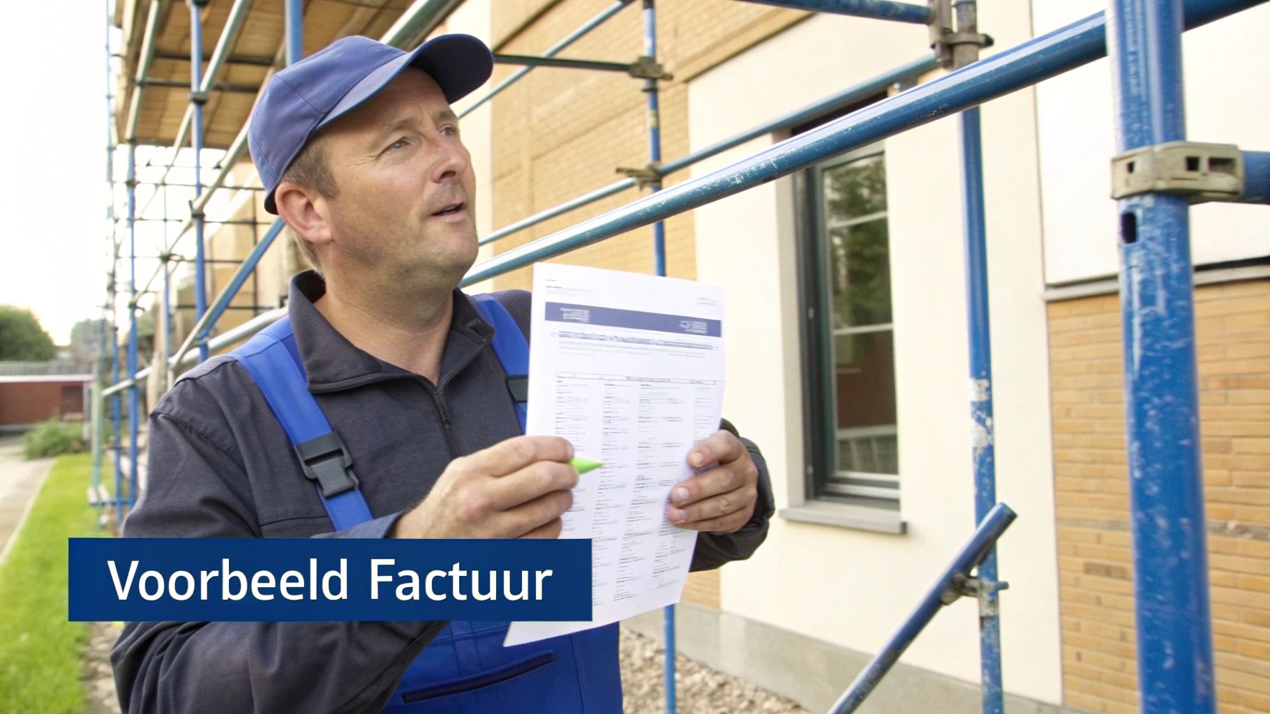 Bouwvakker op steigers houdt een voorbeeld factuur vast, kijkend naar het gebouw.