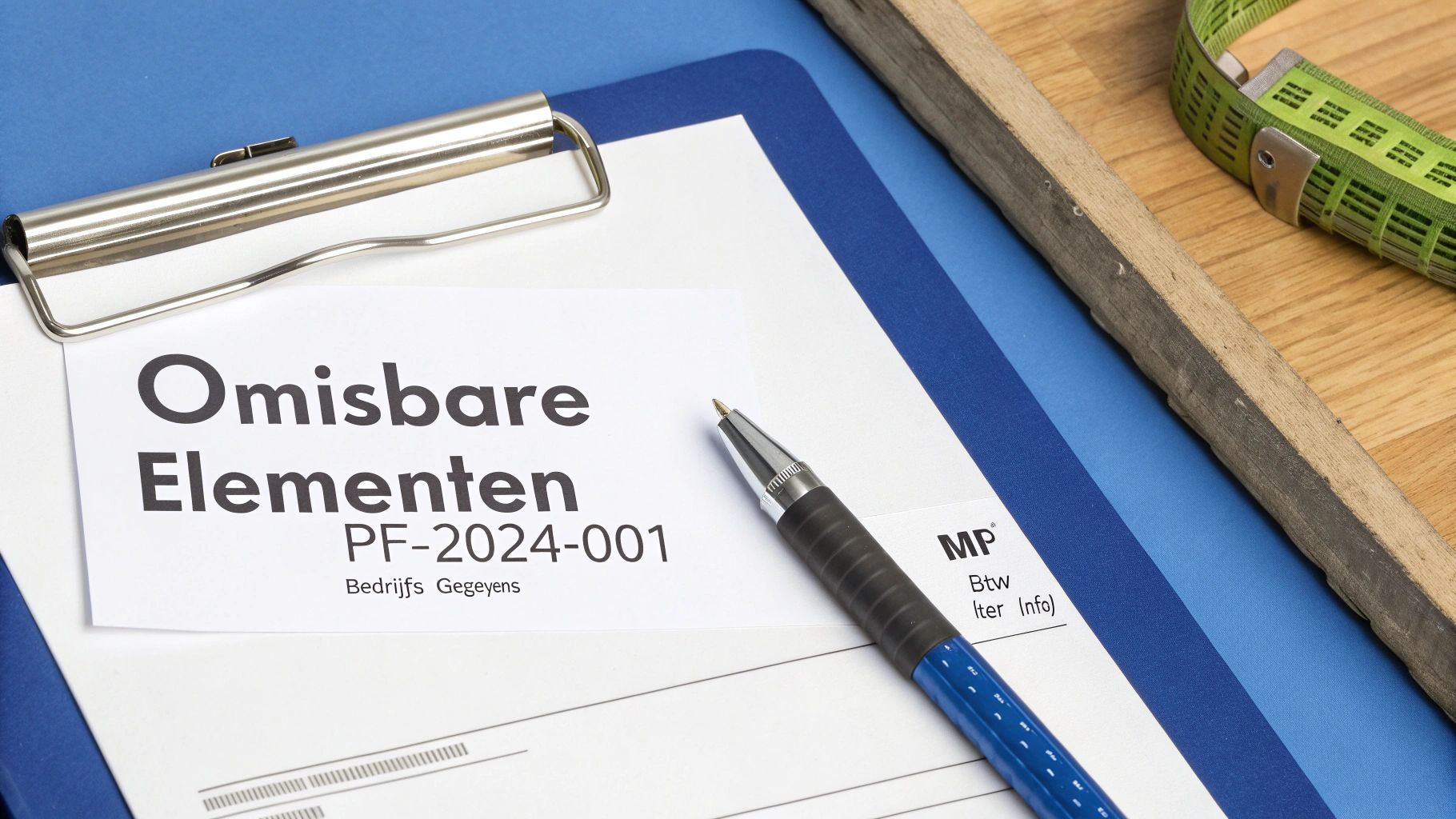 Een close-up van een proforma factuur op een klembord met een pen en meetlint.
