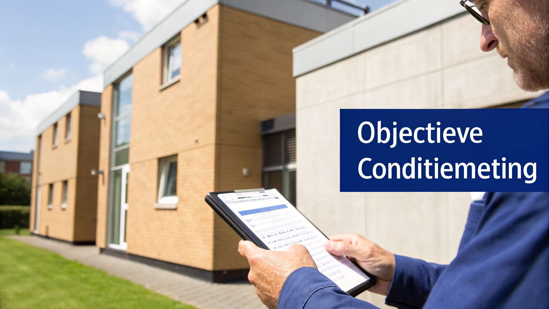 Man gebruikt een tablet voor een objectieve conditiemeting van gebouwen, met de tekst 'Objectieve Conditiemeting' in beeld.