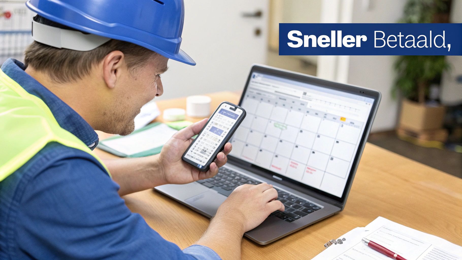Man in blauwe helm en veiligheidsvest gebruikt smartphone en laptop voor zijn werk. Toont efficiënte digitale workflow.