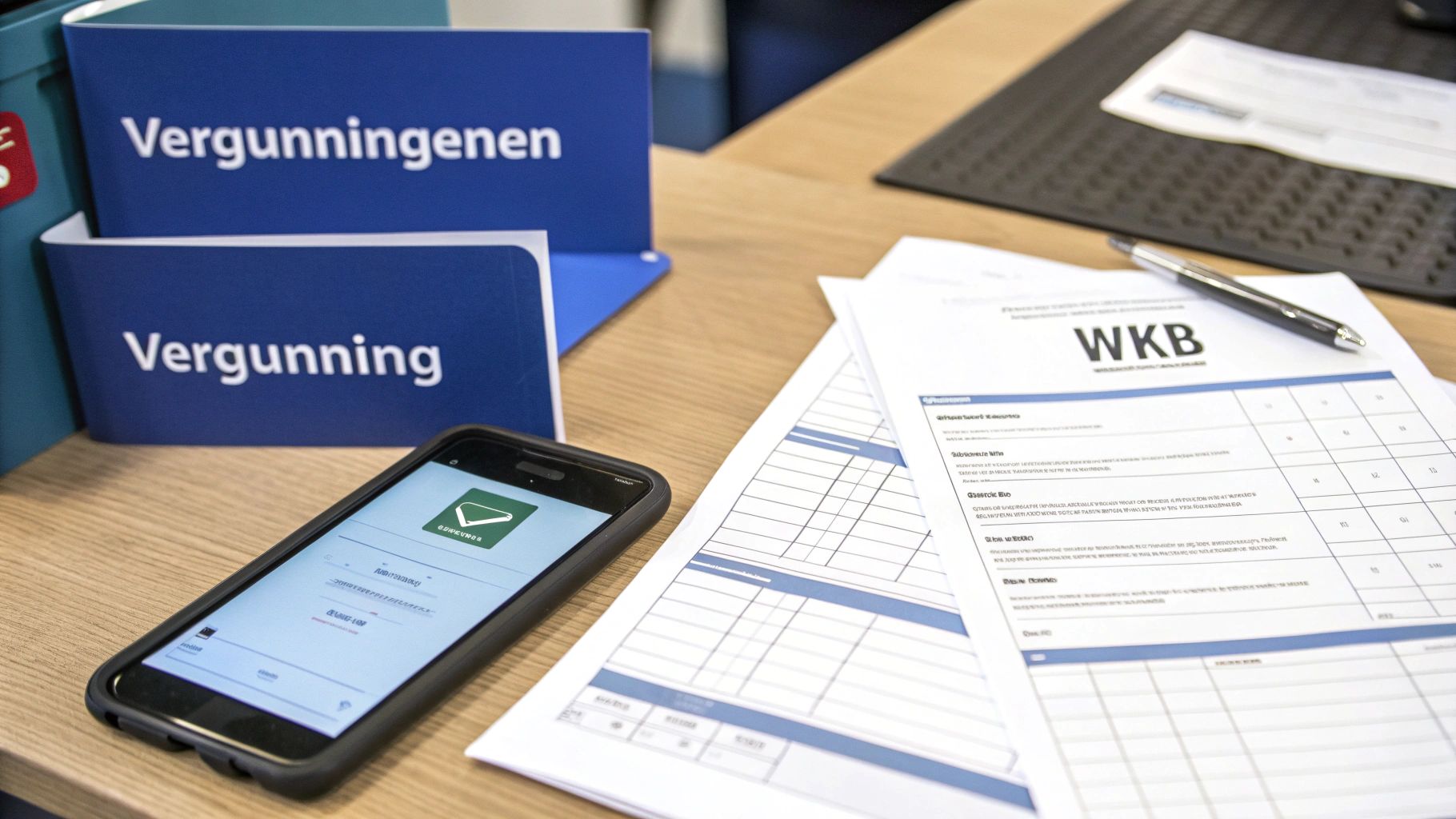 Documenten, een pen en een smartphone met een app op een bureau, gericht op vergunningsaanvragen.