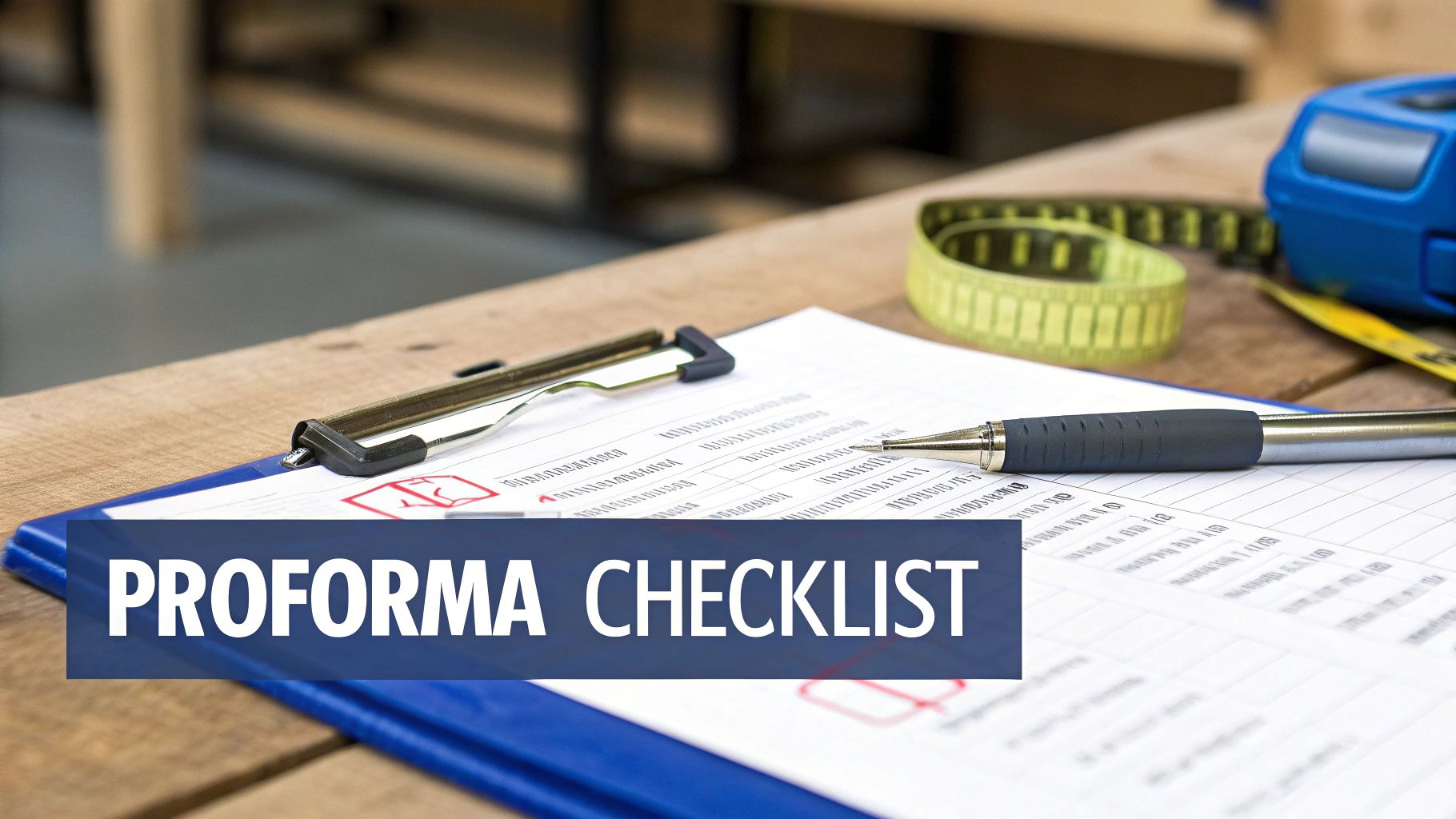Klembord met proforma checklist document, pen en meetlint op een houten tafel.