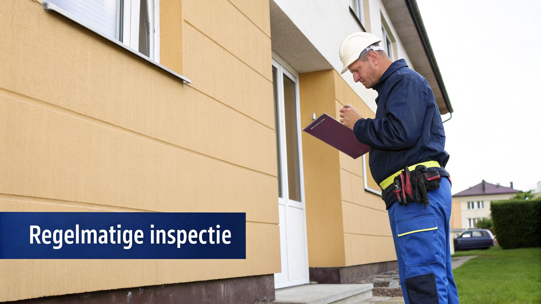 Een inspecteur die zijn NEN 2767 inspectie voorbereidt aan een bureau met bouwtekeningen en een tablet.