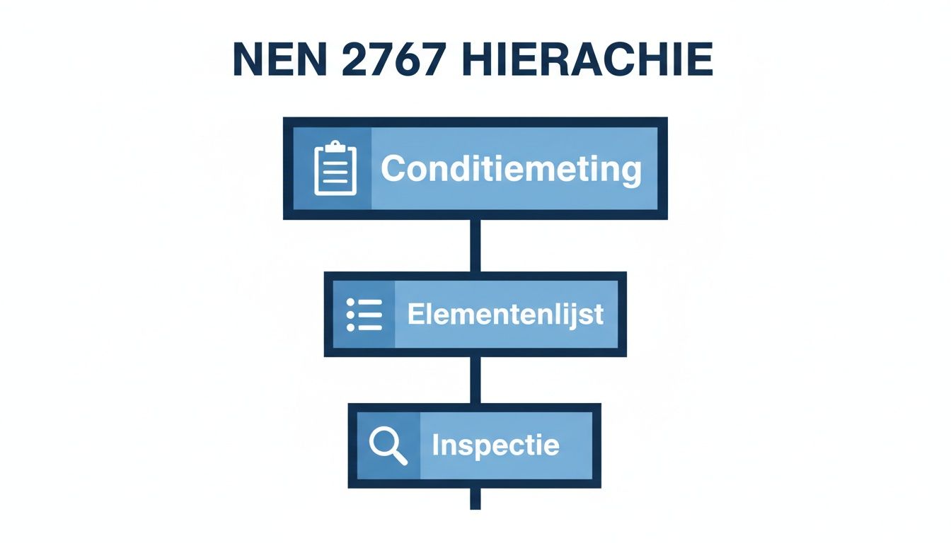Visualisatie van de NEN 2767 hiërarchie: conditiemeting, elementenlijst en inspectie.