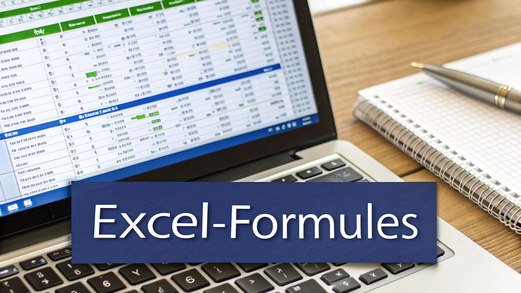 Een laptop met een Excel-spreadsheet en de tekst 'Excel-Formules', naast een notitieboekje en pen.