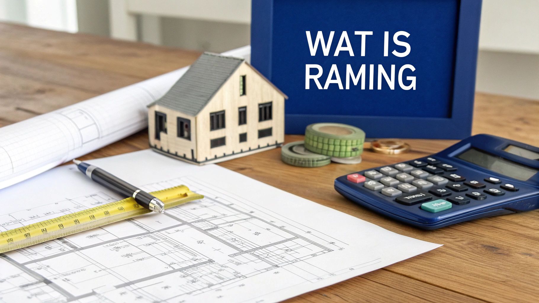 Bureau met bouwtekeningen, miniatuur huis, pen, liniaal en rekenmachine, naast een bord met 'WAT IS RAMING'.