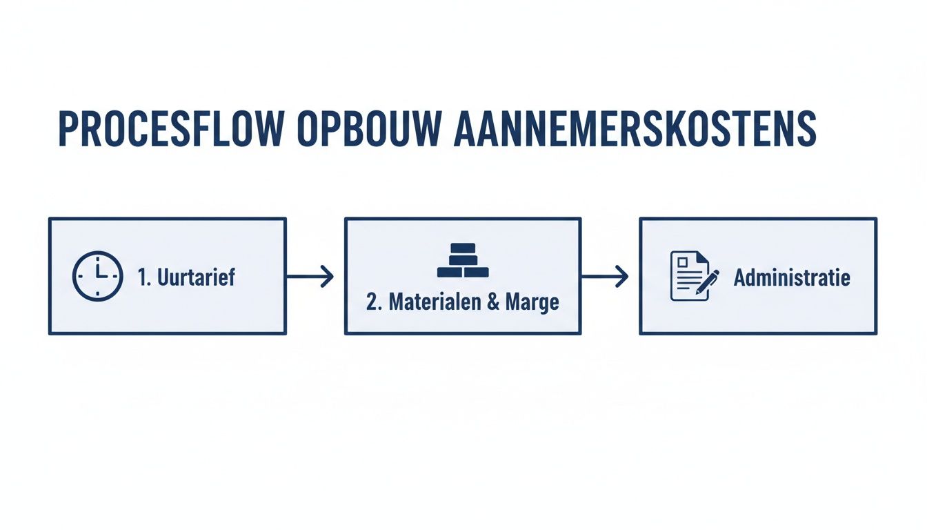 Procesflow die de opbouw van aannemerskosten toont, inclusief uurtarief, materialen, marge en administratie.