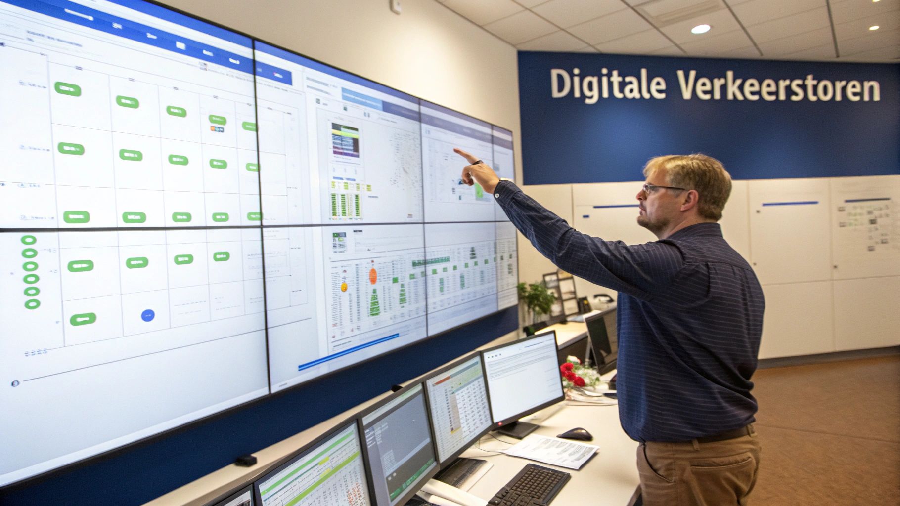 Een man wijst naar een groot multi-scherm met data en planning in een controlekamer. Op de muur staat 'Digitale Verkeerstoren'.