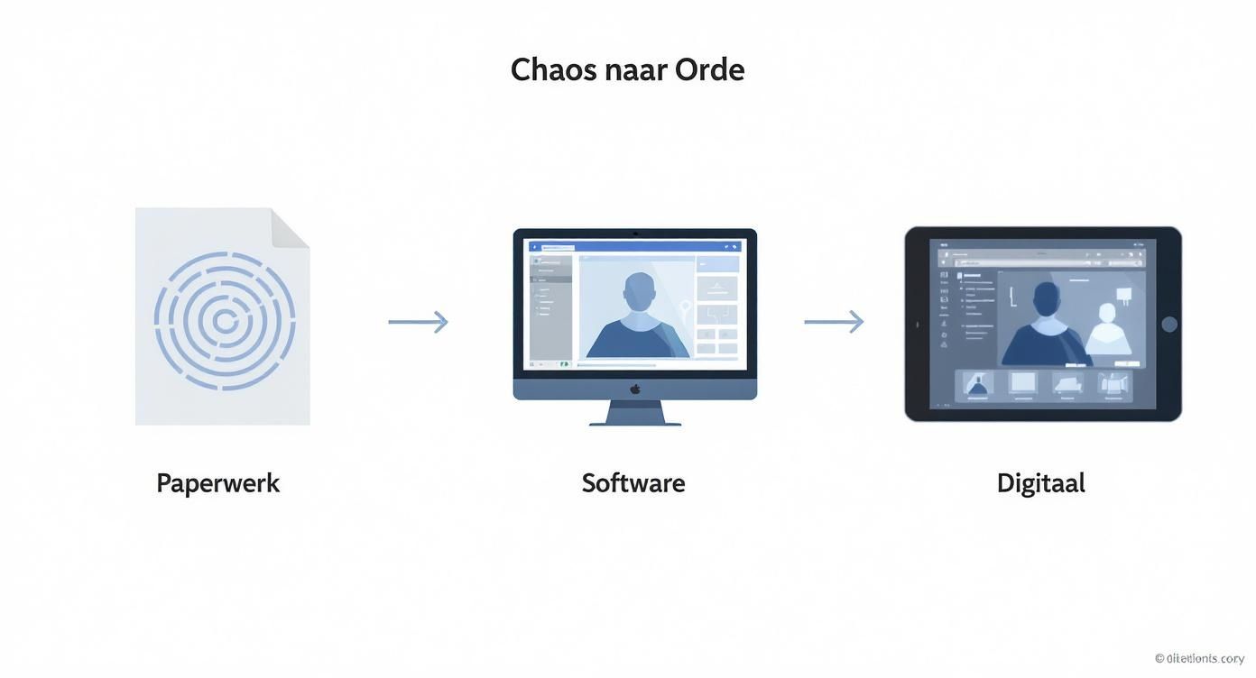 Visuele weergave van digitale transformatie van papierwerk via software naar digitaal systeem