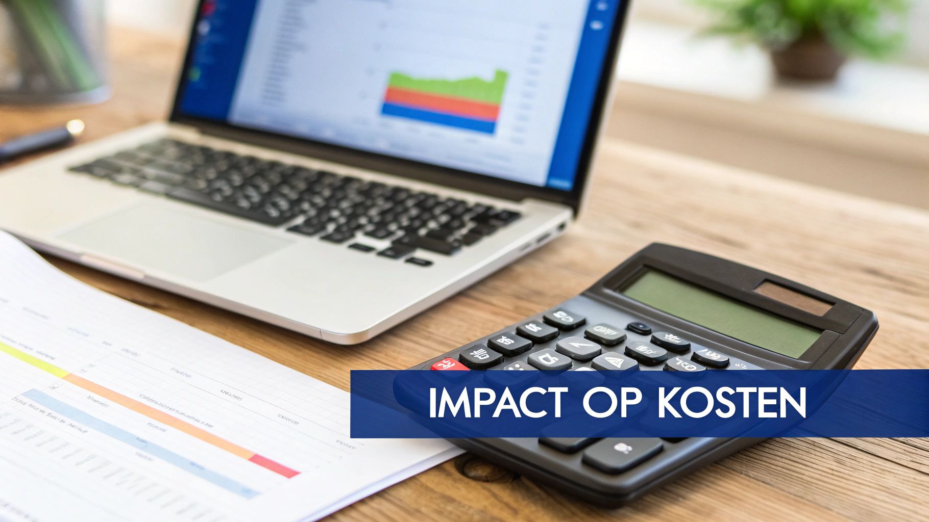 Een houten bureau met een laptop die grafieken toont, een rekenmachine en documenten, met de tekst 'IMPACT OP KOSTEN'.