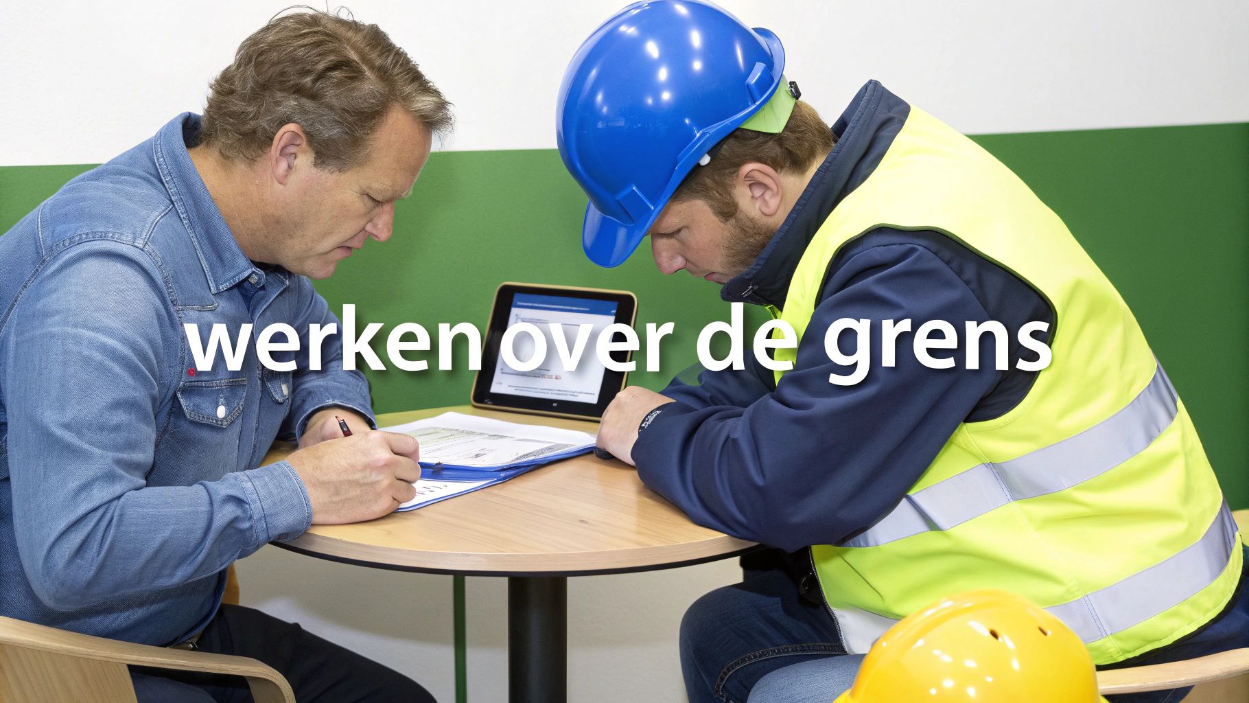 Een bouwplaats met Nederlandse en Belgische vlaggen